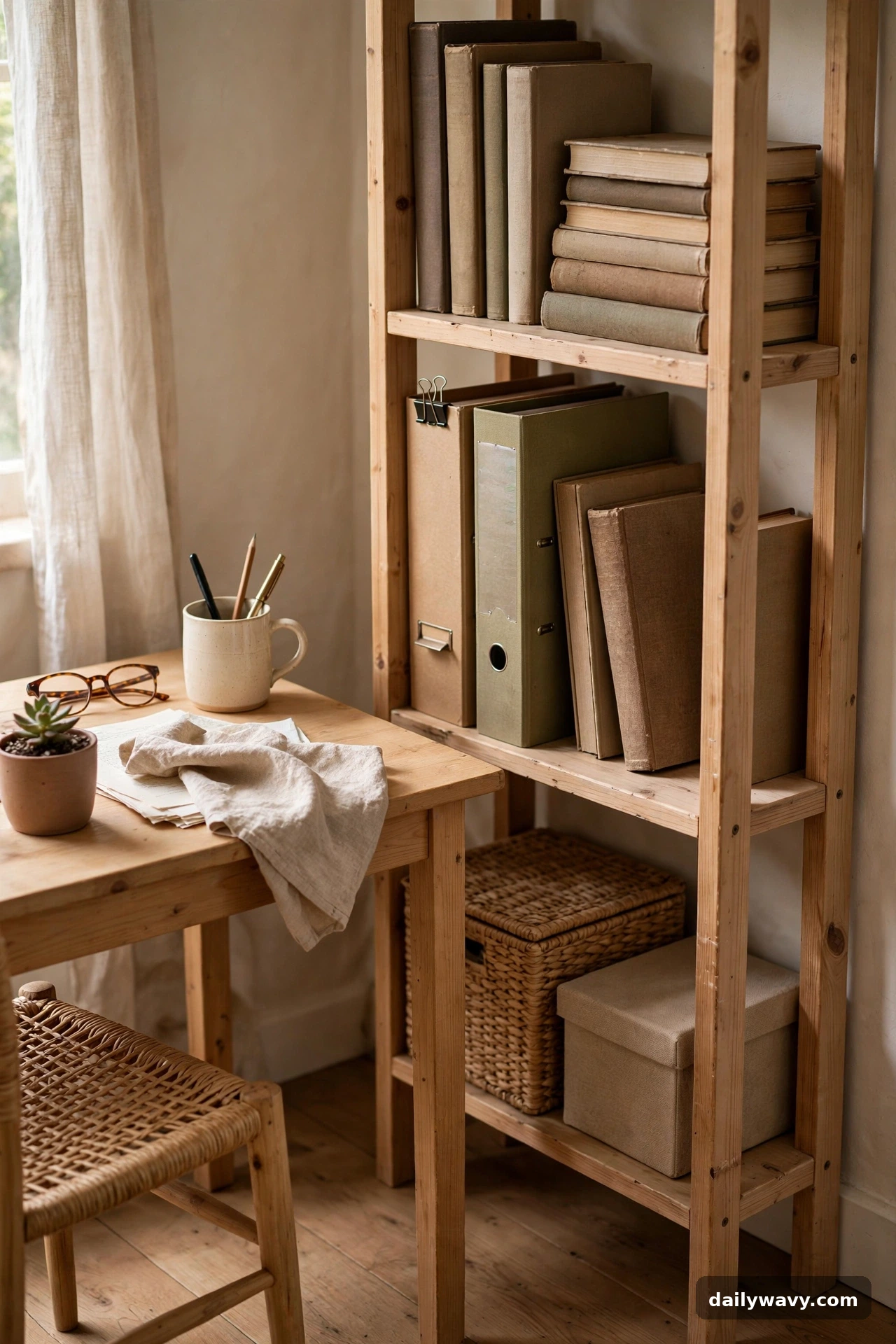 A Narrow Bookcase At The Side in small home office decor