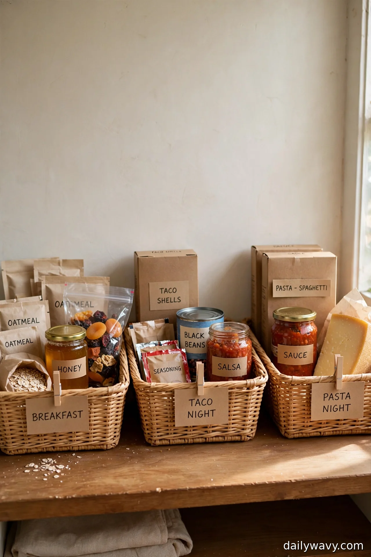 Three wicker baskets labeled Breakfast, Taco Night, and Pasta Night holding grouped meal ingredients on a pantry shelf