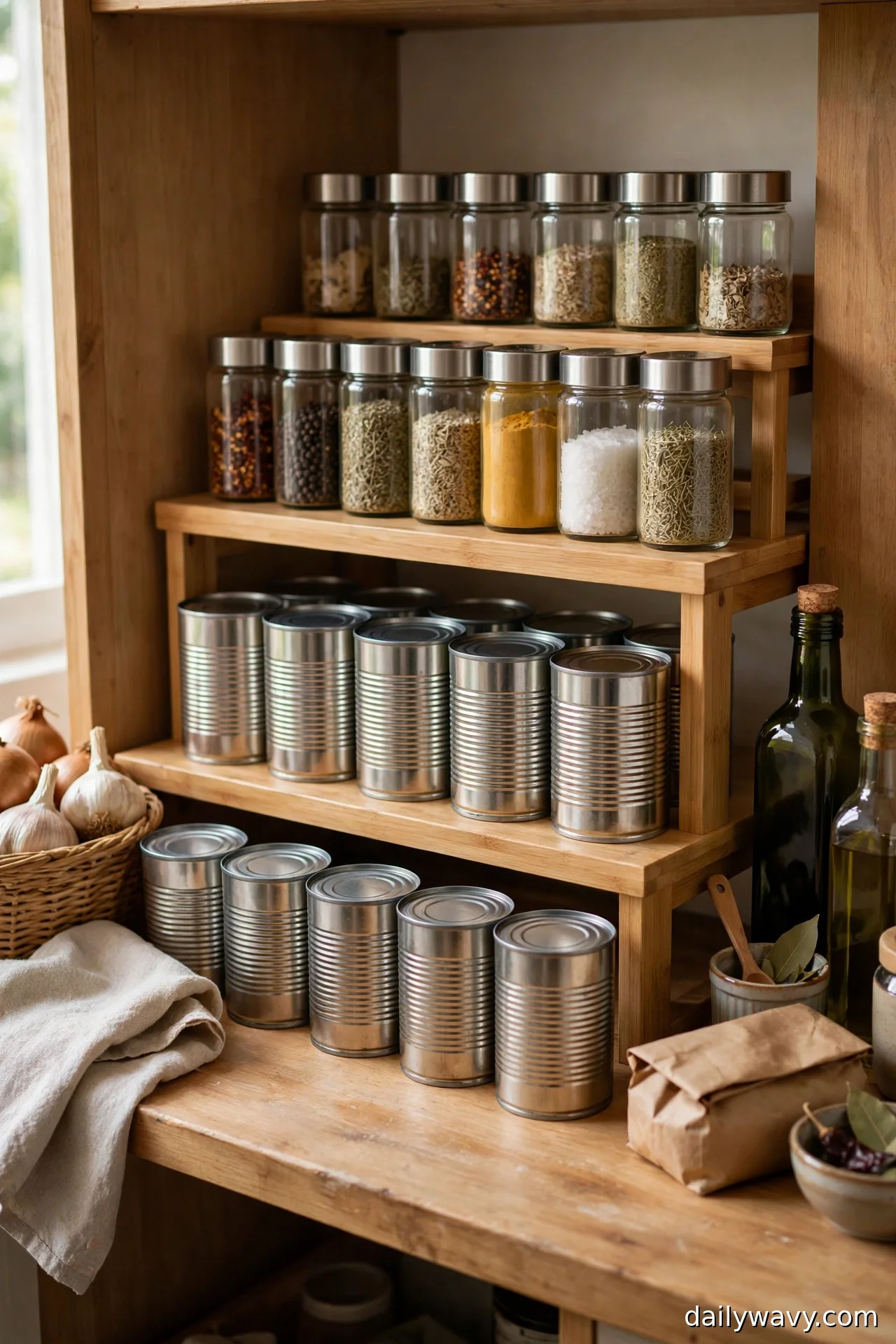 Wooden riser on a pantry shelf lifting spice jars above rows of canned goods so back items stay visible
