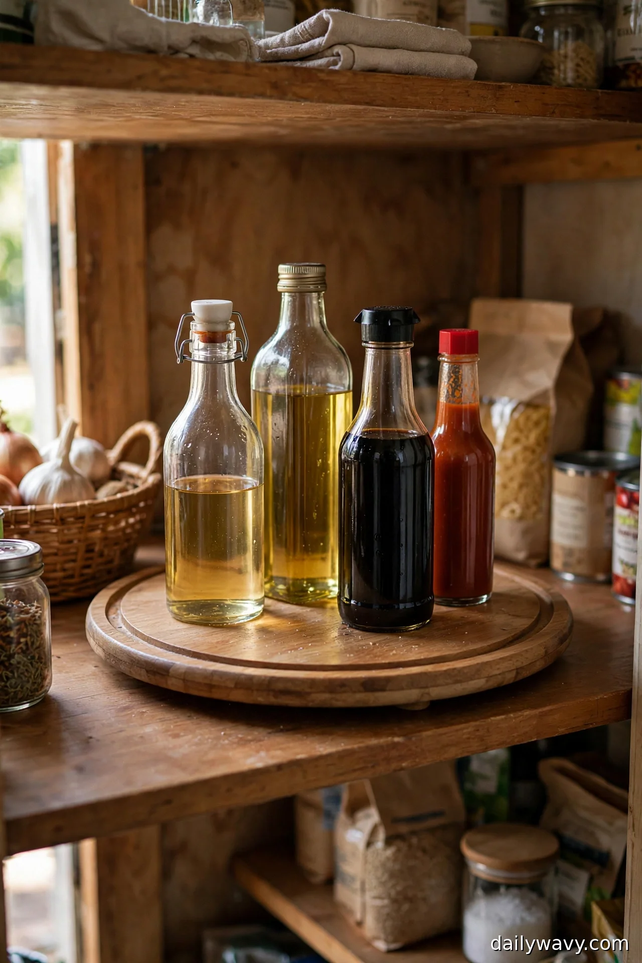 Wooden turntable on a pantry shelf holding cooking oil, vinegar, soy sauce, and hot sauce bottles