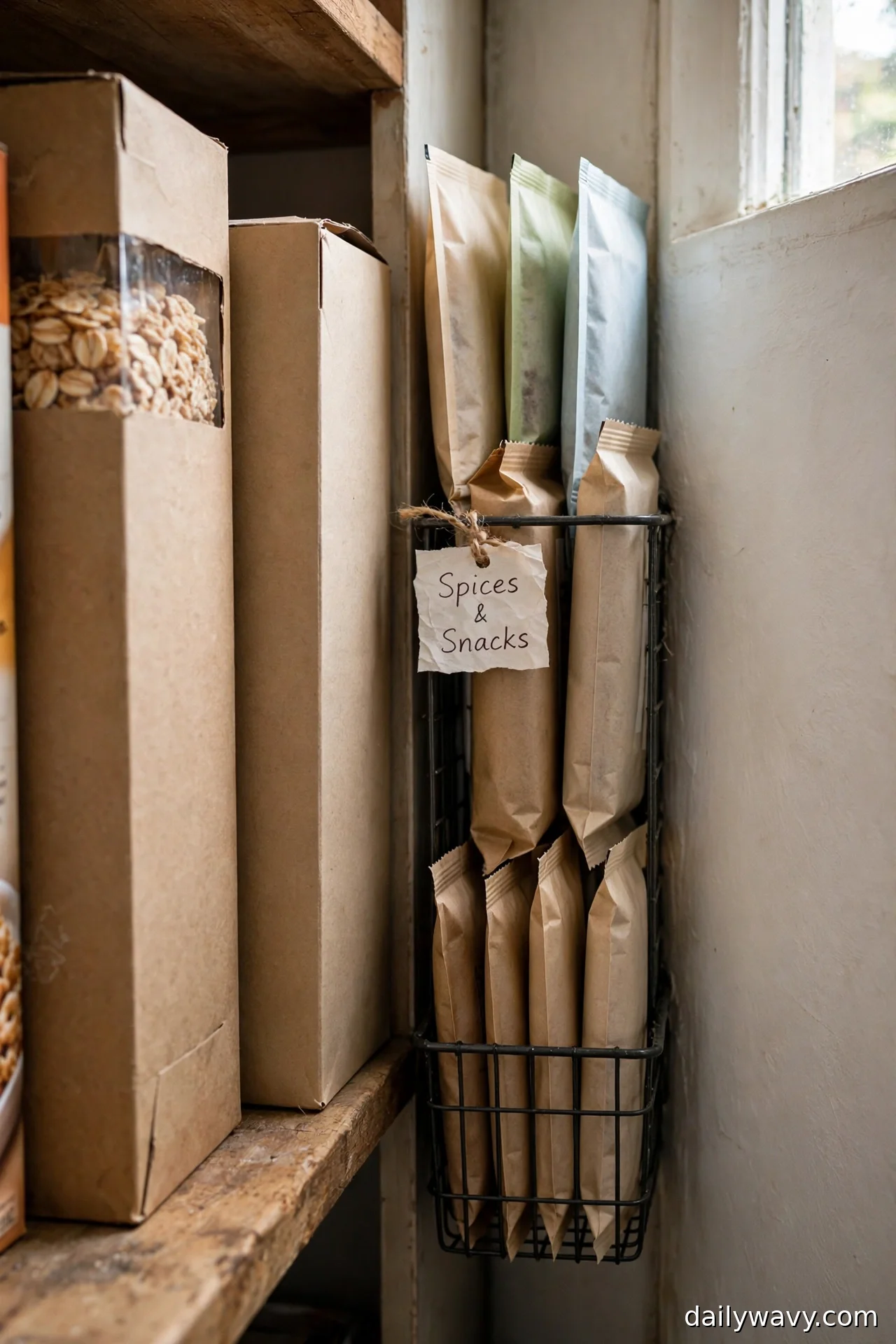 Narrow black wire basket labeled Spices and Snacks tucked into a slim gap beside pantry boxes