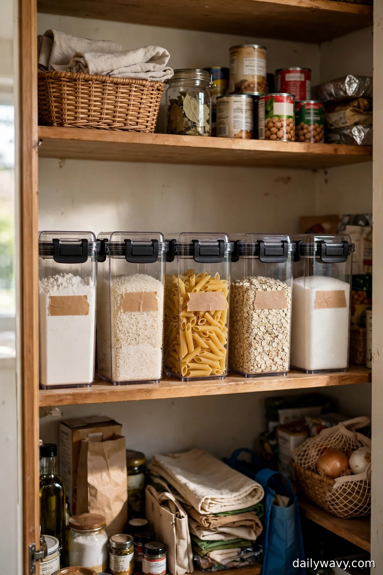 Five clear airtight containers with black lids holding flour, rice, pasta, oats, and sugar on a pantry shelf