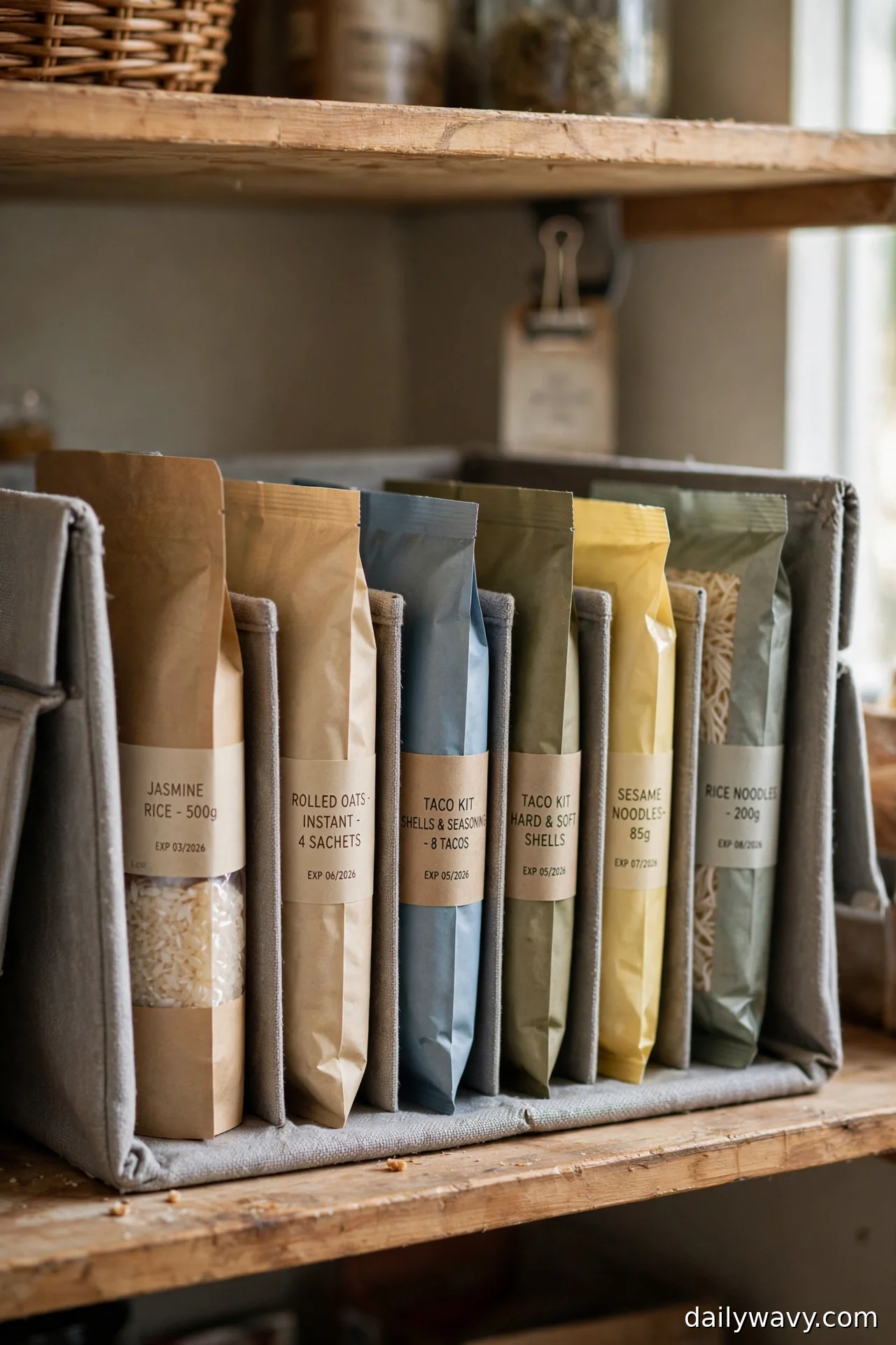 Food packets filed upright like books in a fabric organizer, labels showing contents and expiry dates