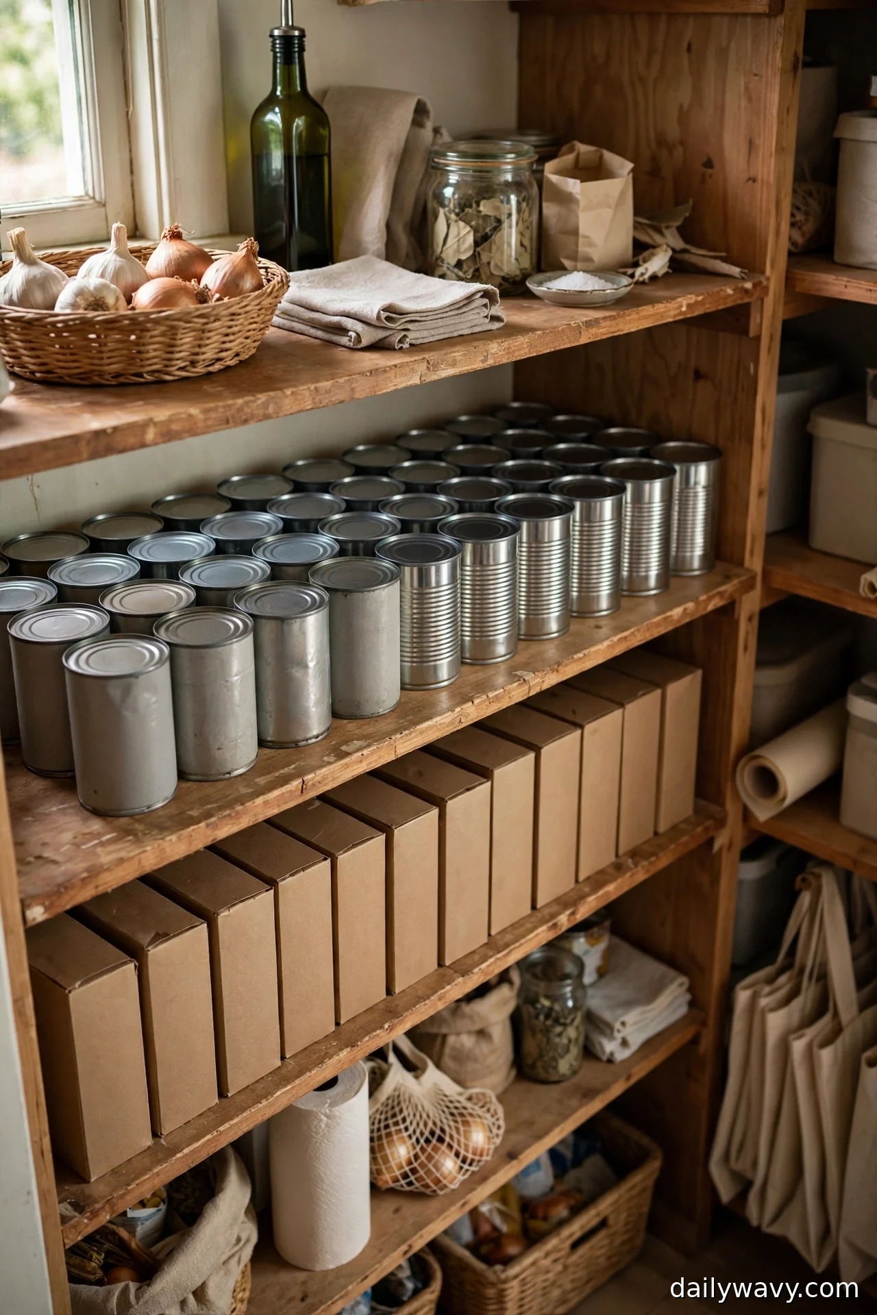 Rows of canned goods and boxes arranged in first-in-first-out order on deep wooden pantry shelves