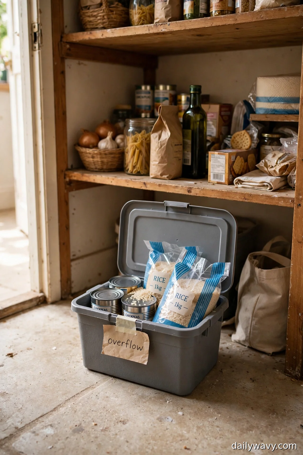 Gray lidded bin labeled overflow holding extra rice bags and chickpea cans on a pantry floor