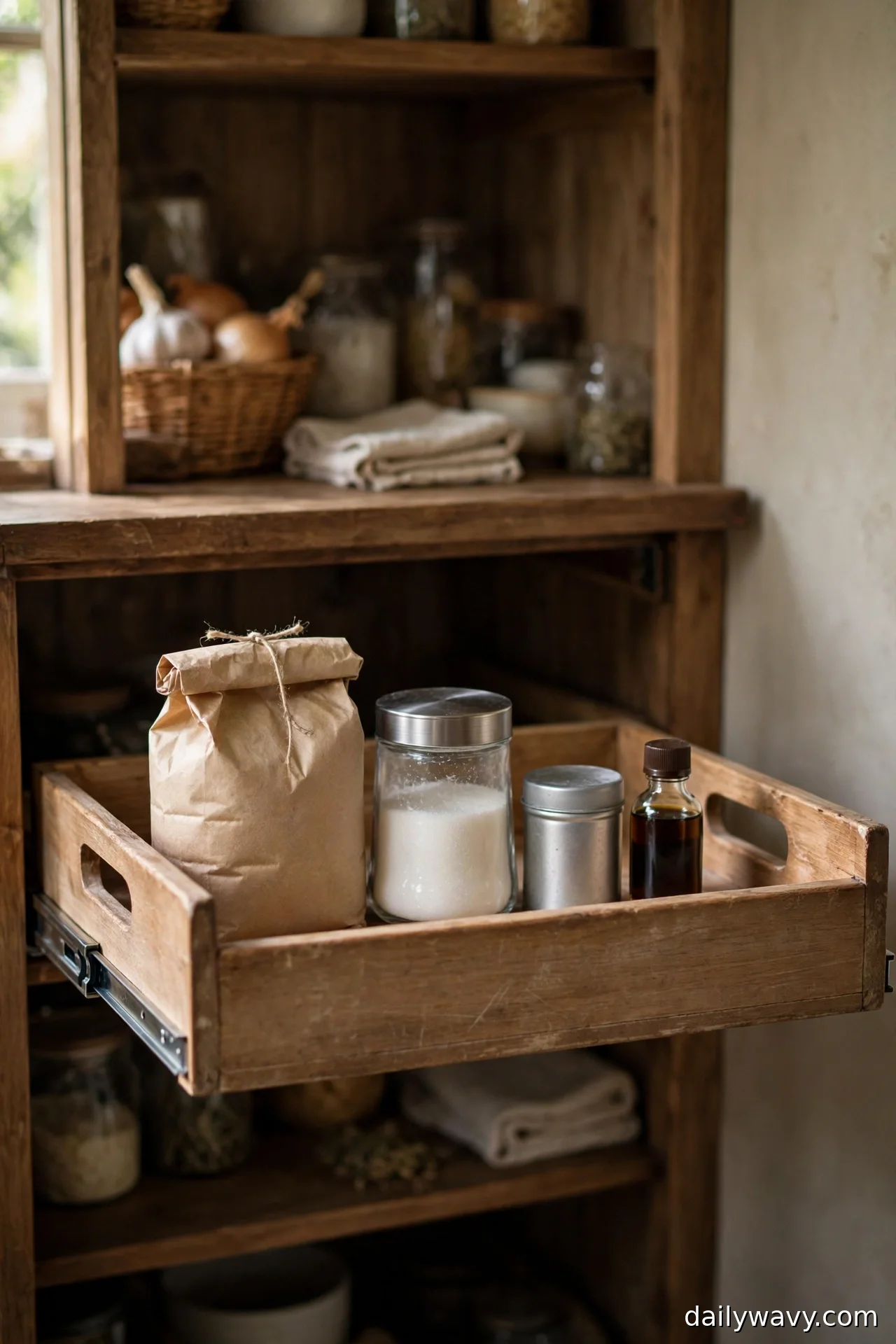 Wooden pull-out tray extended from a pantry shelf holding a flour sack, sugar jar, and small containers