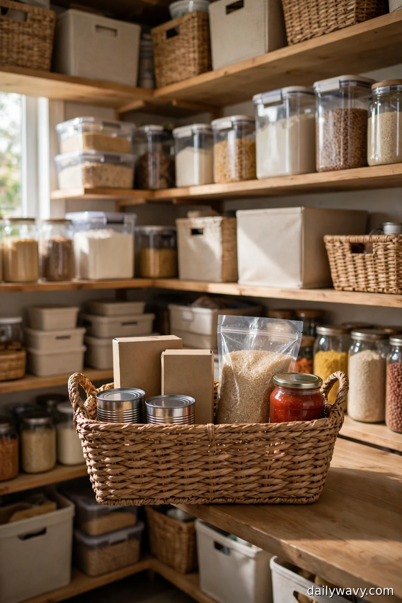 Wicker basket filled with weekly meal ingredients in front of organized pantry shelves