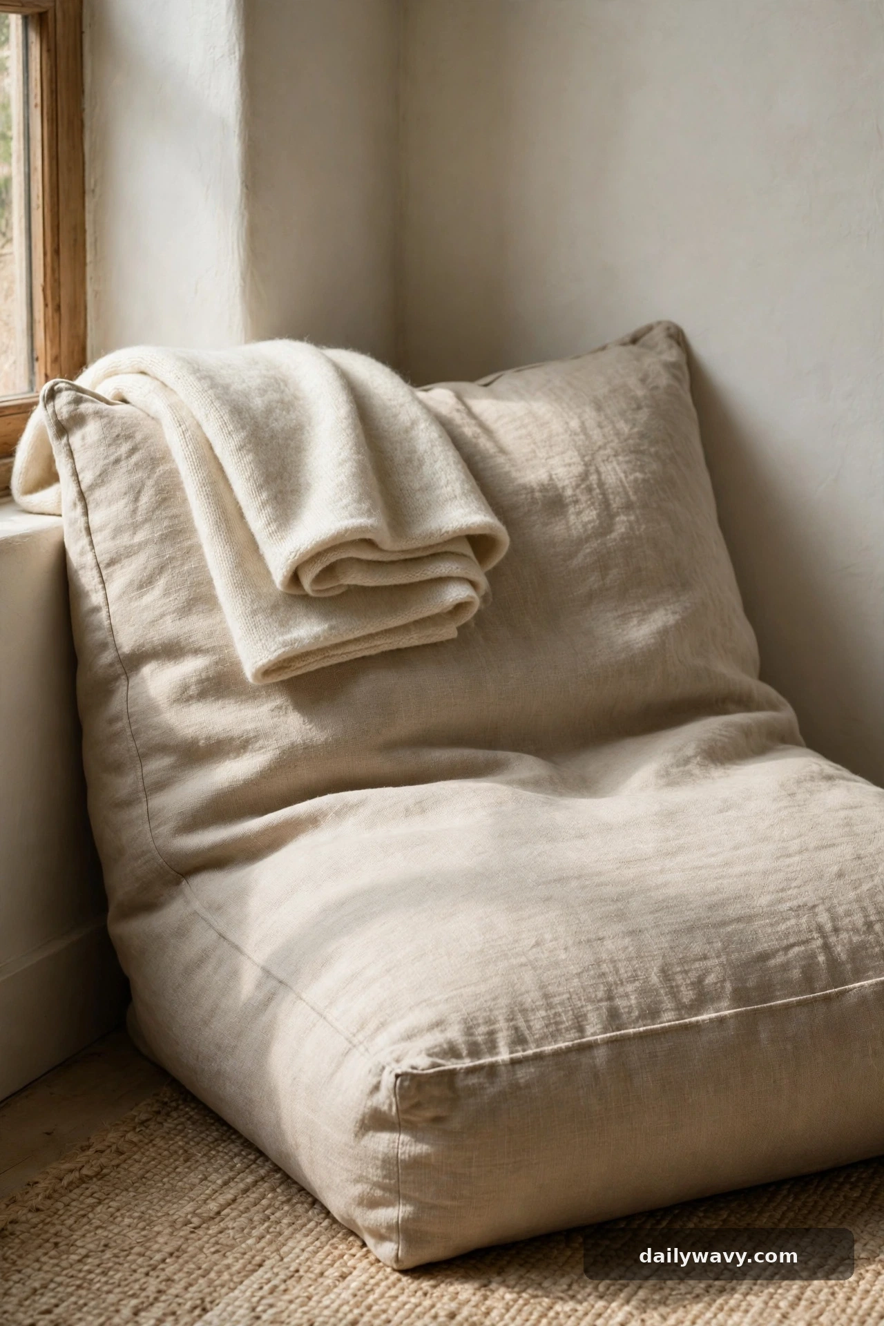 A supportive cushion and soft throw in a small reading nook
