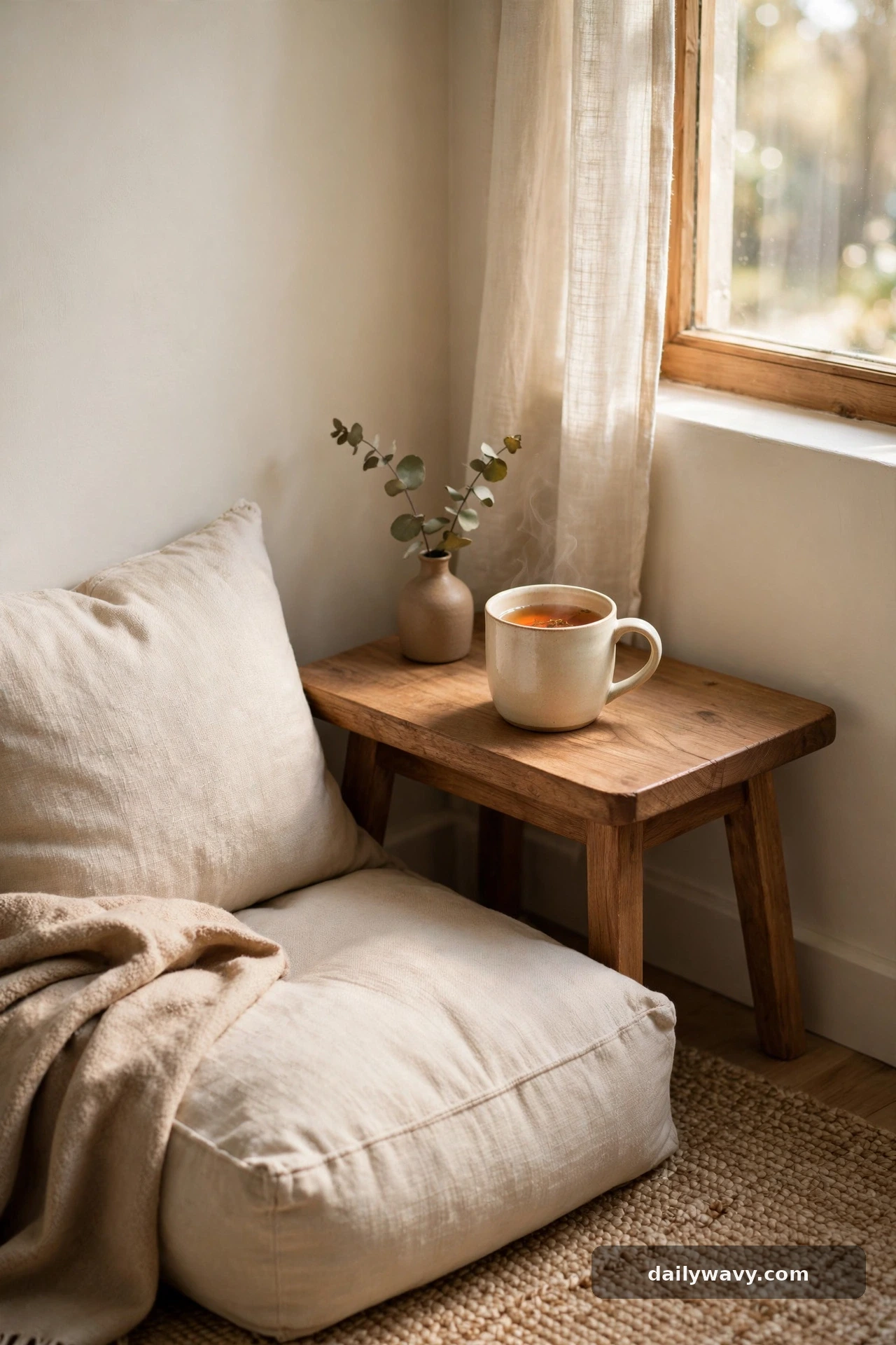 A small side surface for a cup in a small reading nook