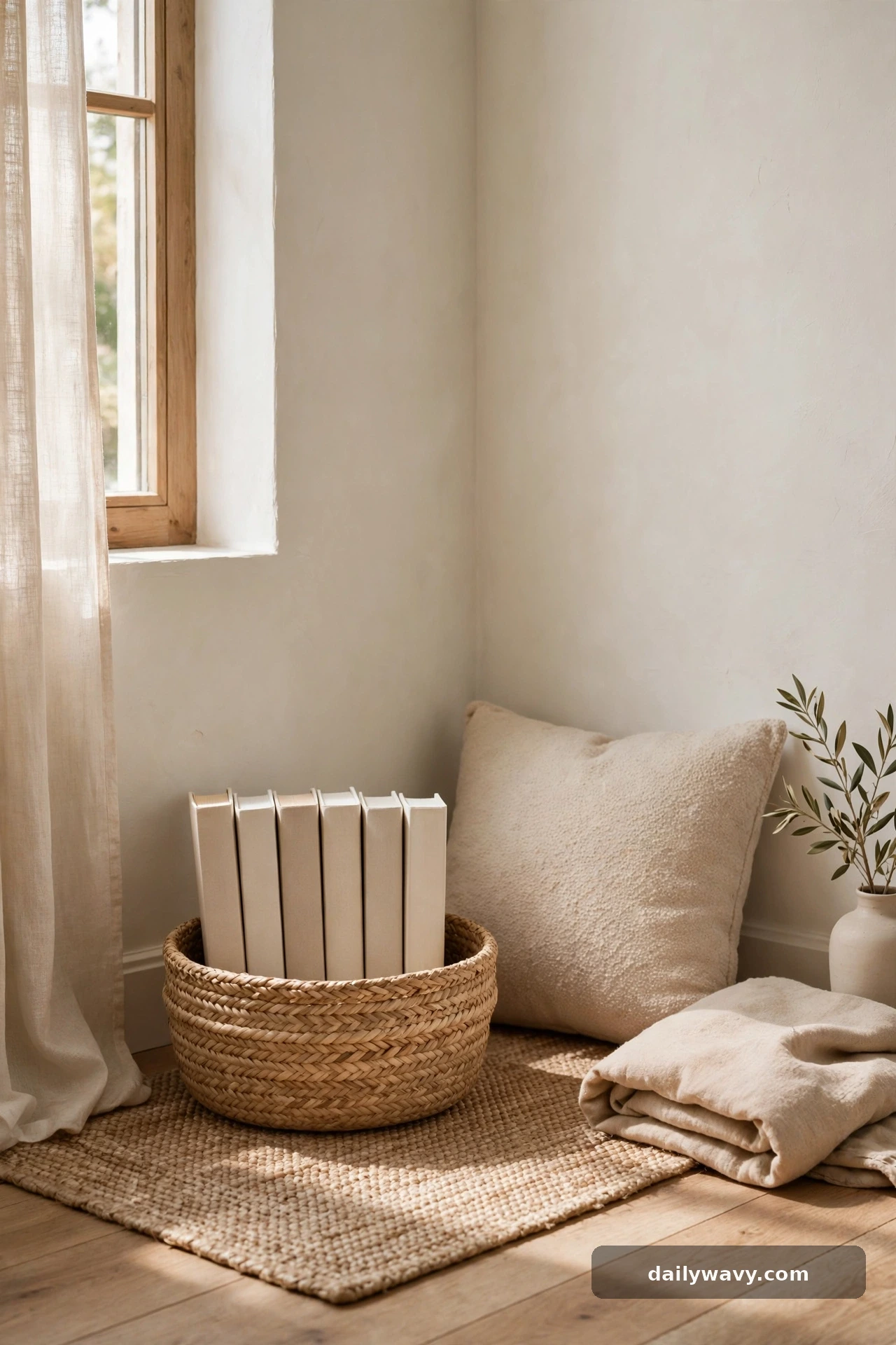 A basket with current books in a small reading nook