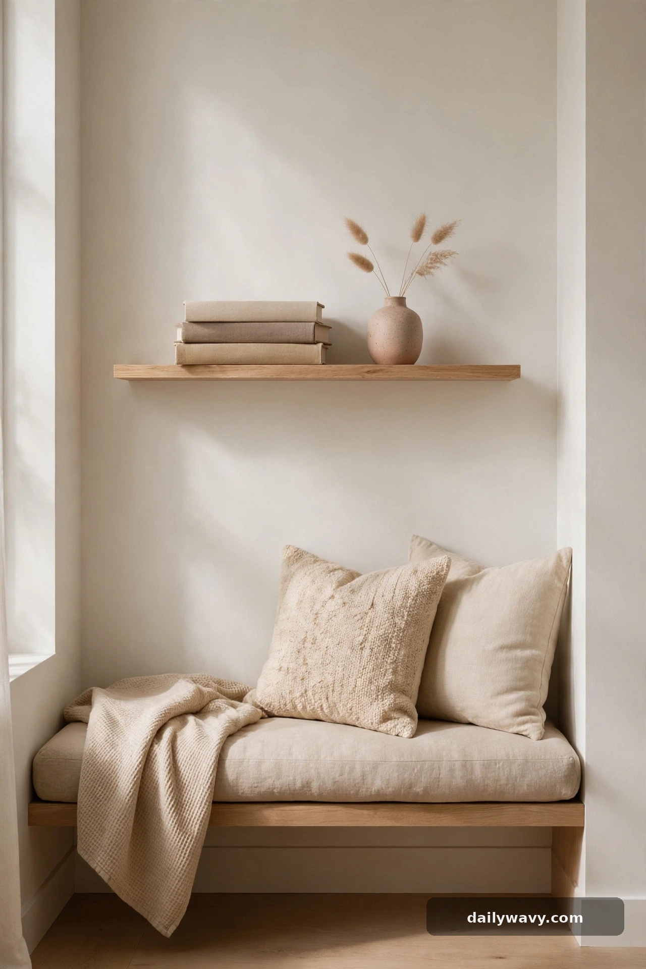 A narrow wall shelf in a small reading nook