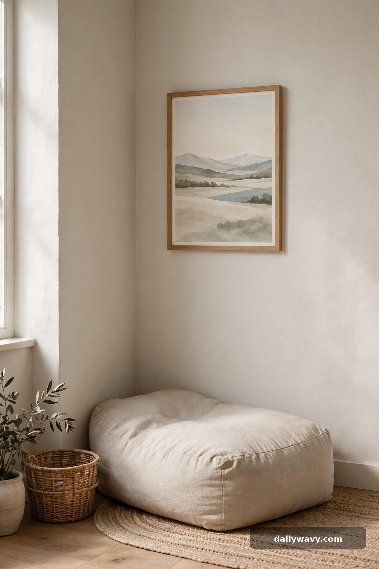A framed print in the background in a small reading nook
