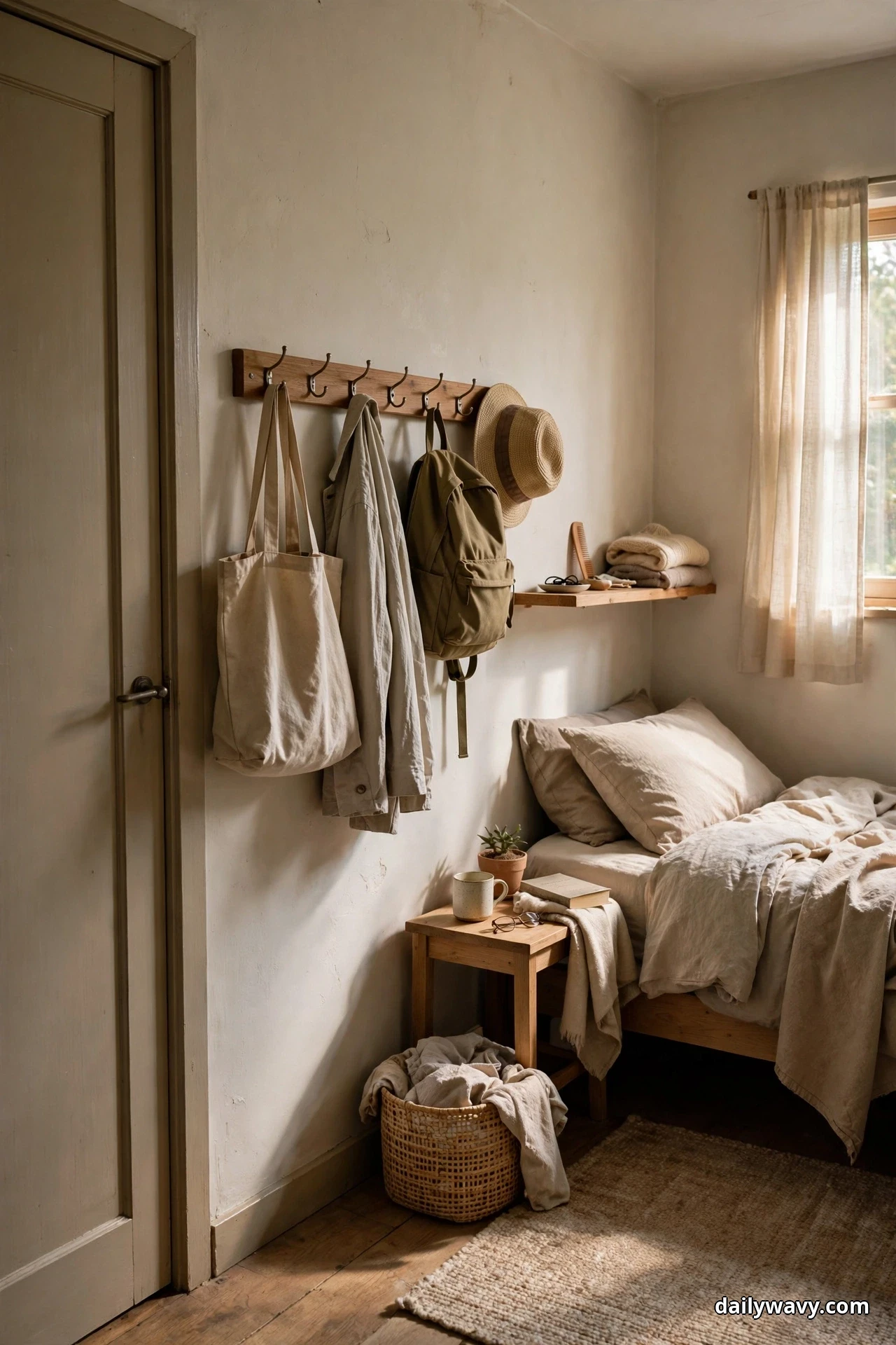 A wooden hook rail by the door of a small shared bedroom holds a tote bag, hanging clothes, a backpack and a hat beside a single bed with rumpled beige bedding