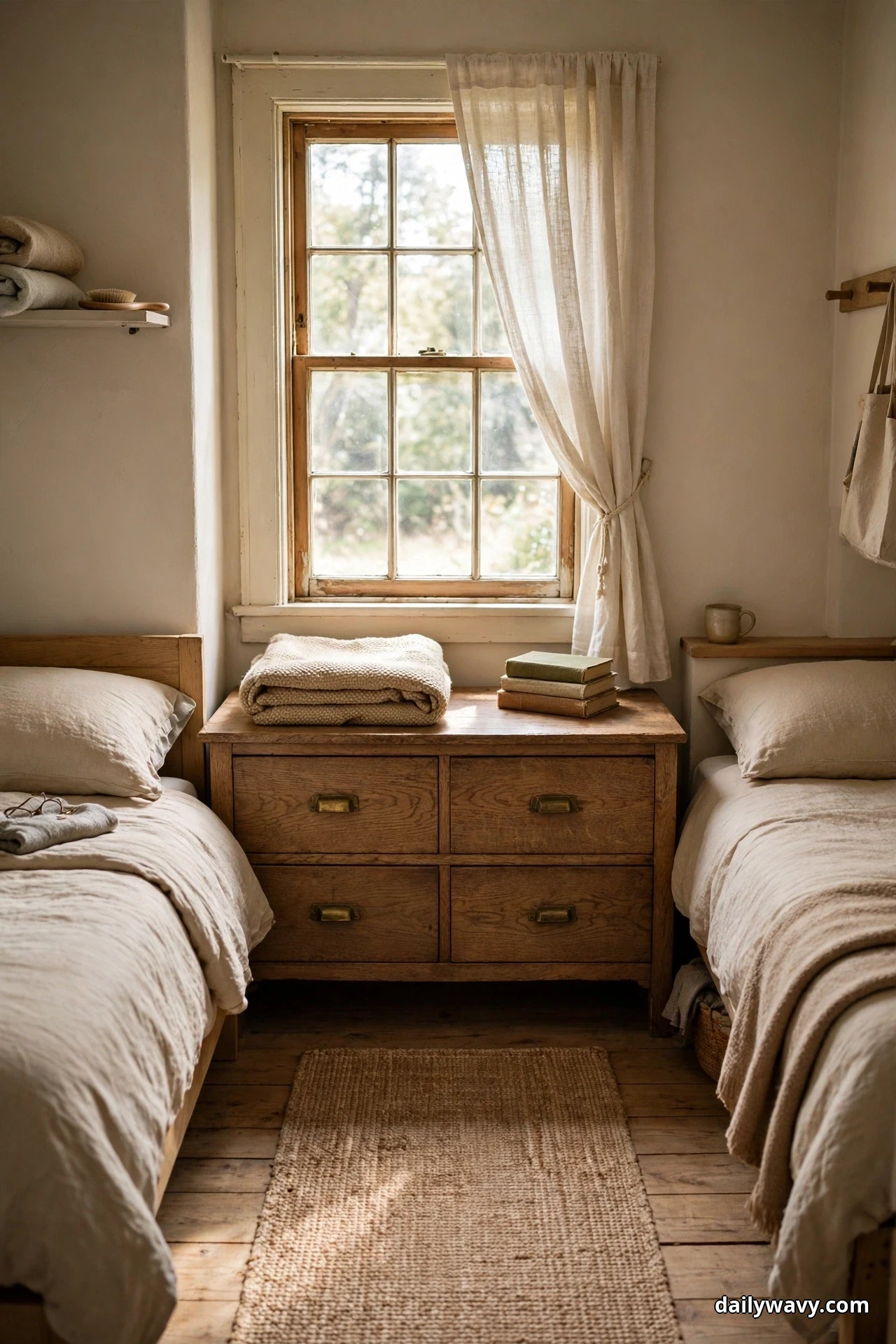 A low wooden four-drawer unit sits below a window between two single beds with beige bedding in a small shared bedroom