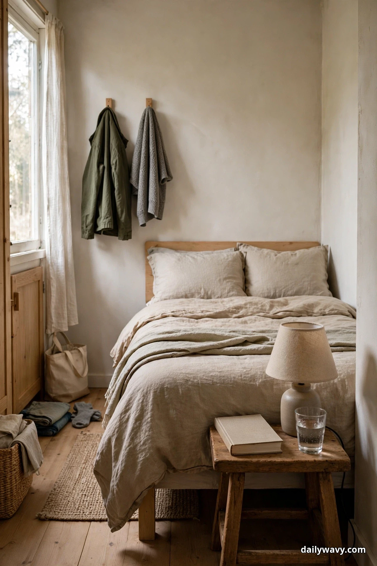 A small wooden stool beside a bed with beige bedding holds a lamp, a book and a glass of water, with a jacket and a shirt hanging on wall hooks nearby
