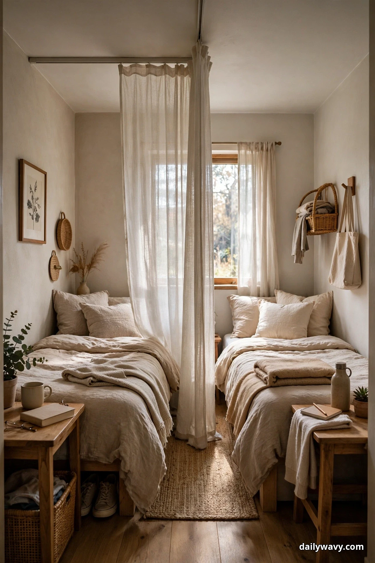 A sheer white curtain hangs from a ceiling track between two single beds with beige bedding, dividing a small shared bedroom into two zones