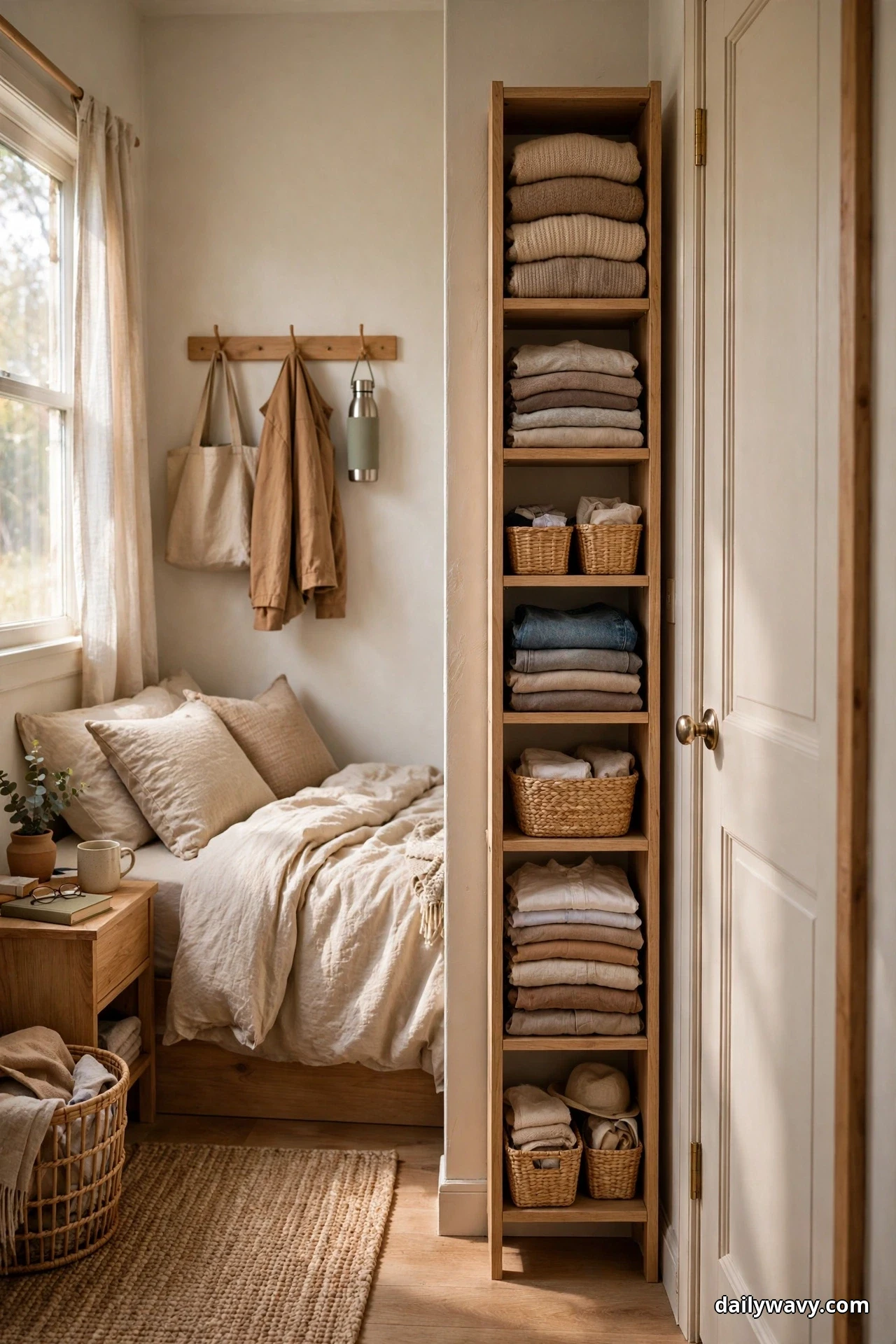 A tall narrow wooden shelving unit filled with folded clothes and woven baskets stands beside a closet door in a small shared bedroom with a single bed
