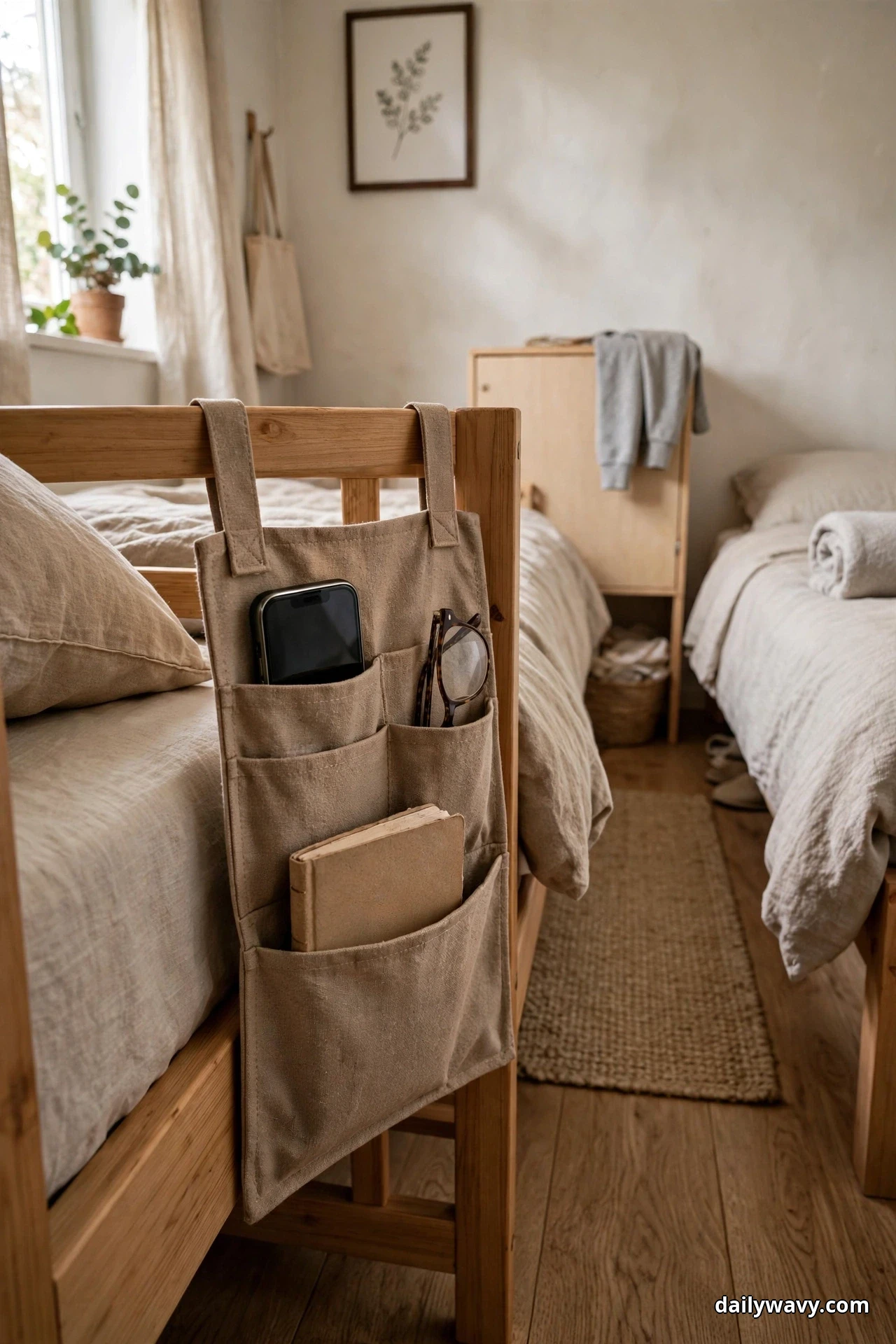 A beige fabric bedside pocket organizer hangs over the wooden rail of a bed frame holding a phone, glasses and a book, with two beds visible in a shared bedroom