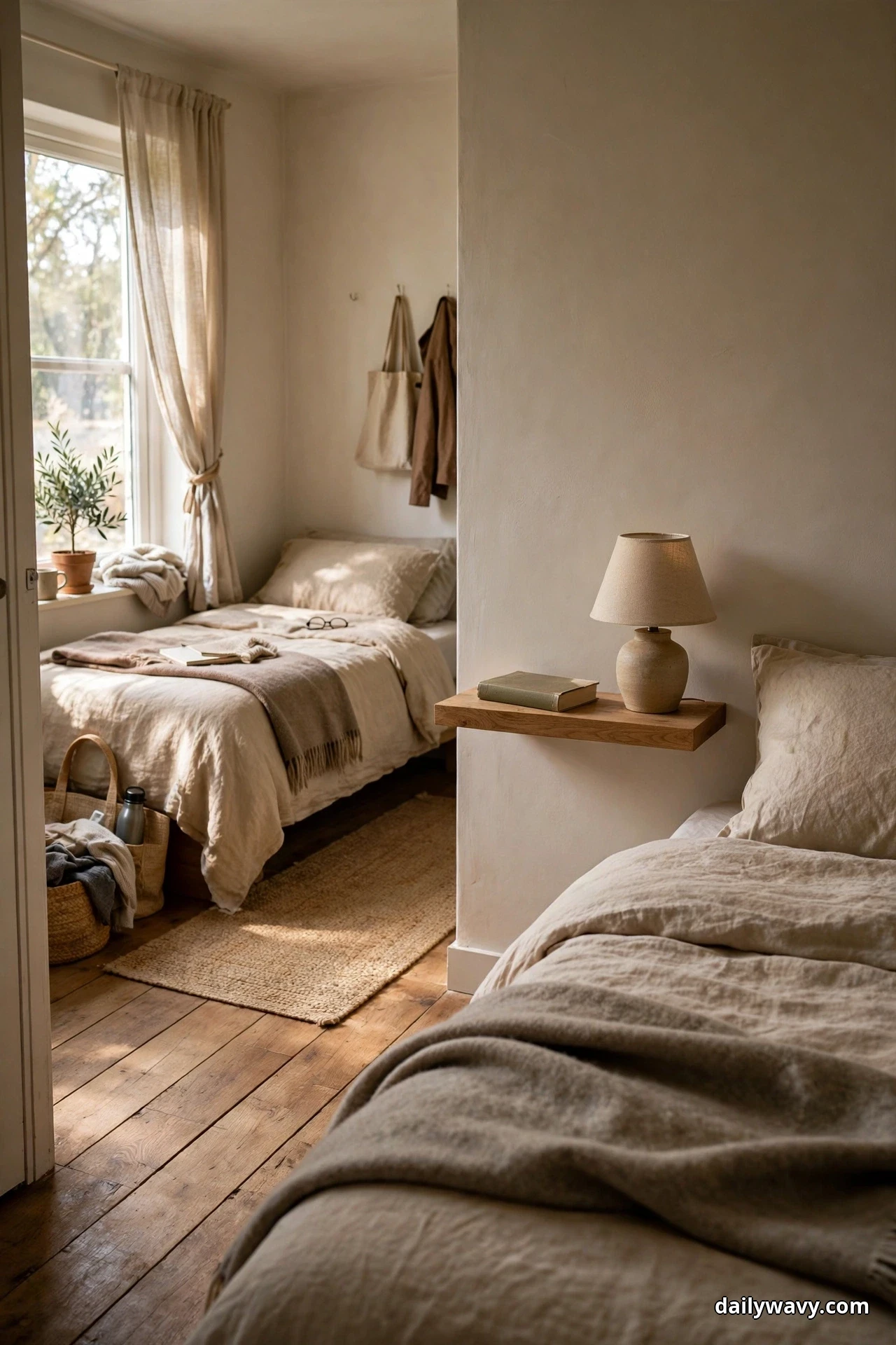A floating wooden wall shelf with a small lamp and a book is mounted beside a bed with beige bedding, with a second bed under a bright window across the room
