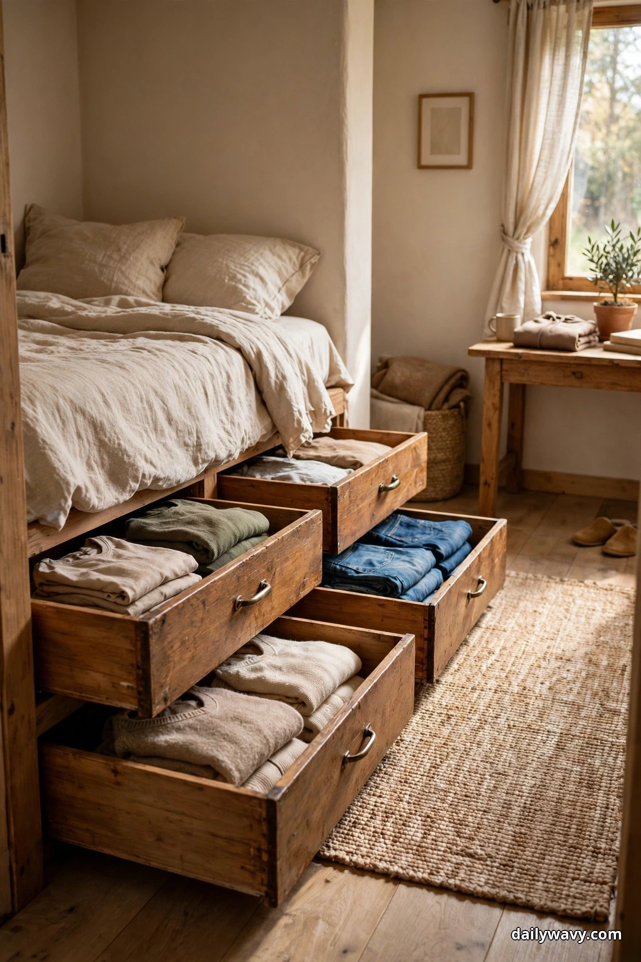 Deep wooden under-bed drawers filled with folded clothes stand pulled open toward the open floor beside a bed with beige bedding