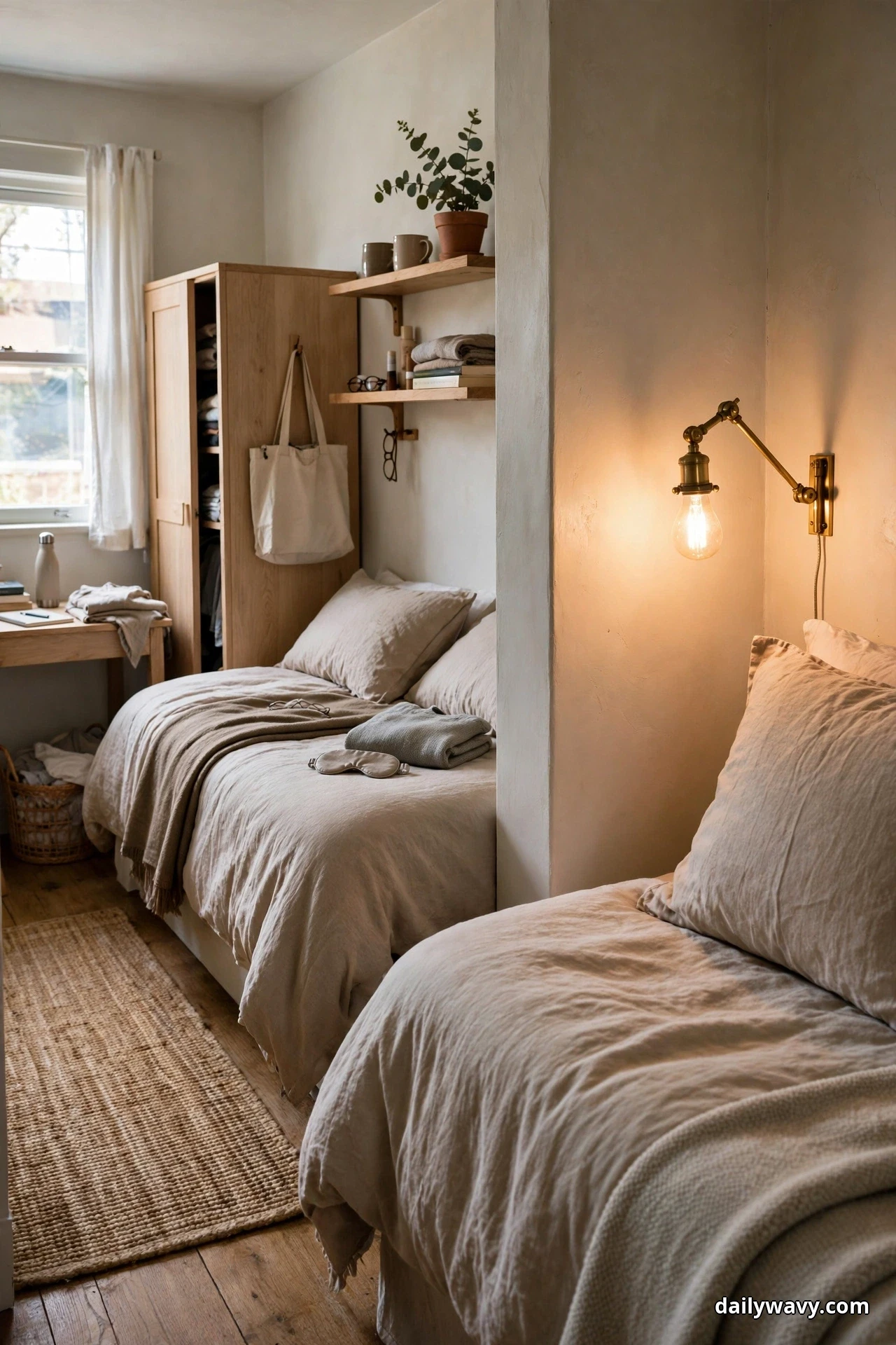 A lit brass swing-arm wall light is mounted on the wall above a bed with beige bedding in a small shared bedroom, with a second bed and a small desk visible across the room