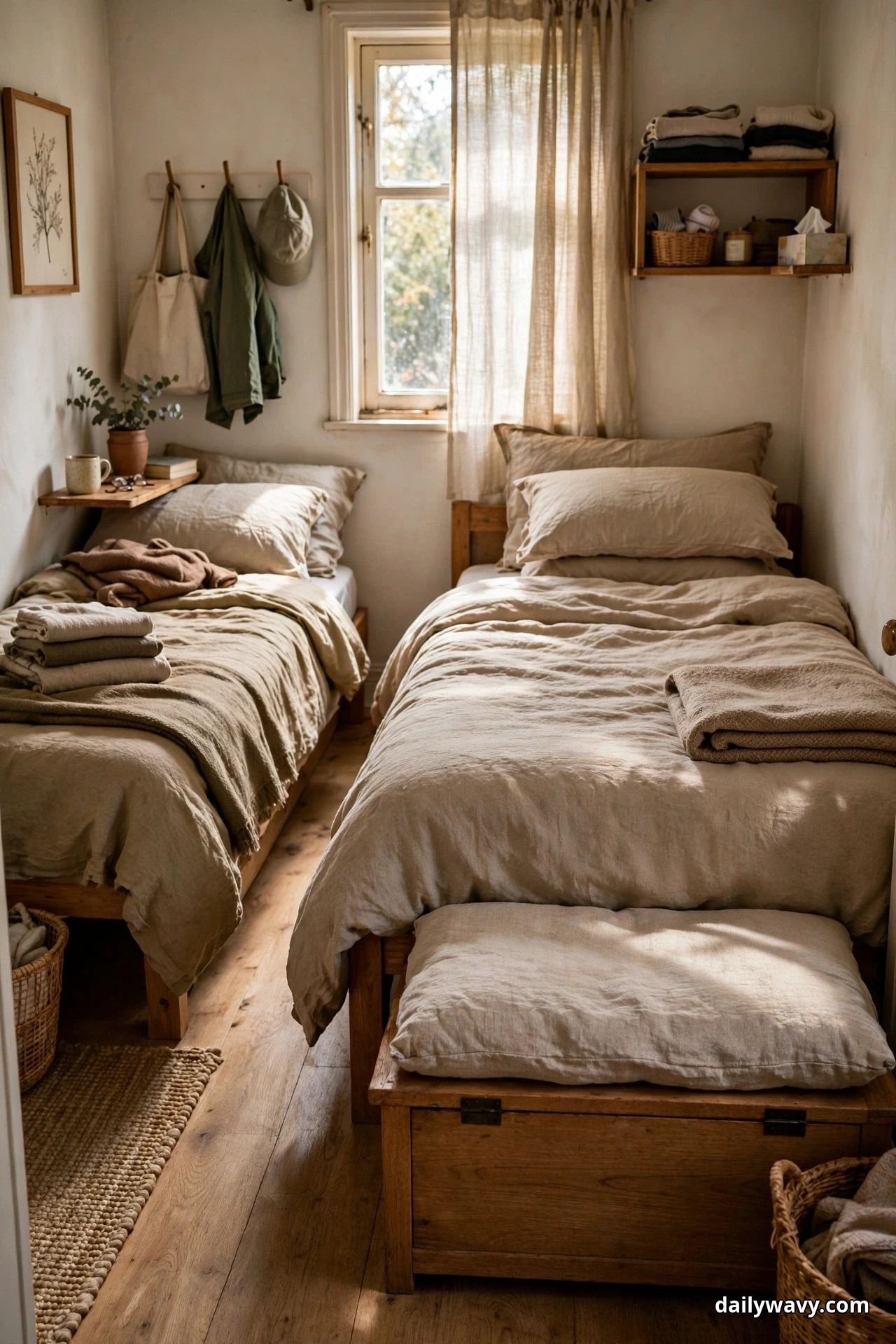 A wooden storage bench with a cushioned top sits at the foot of a bed with beige bedding in a small shared bedroom with two beds