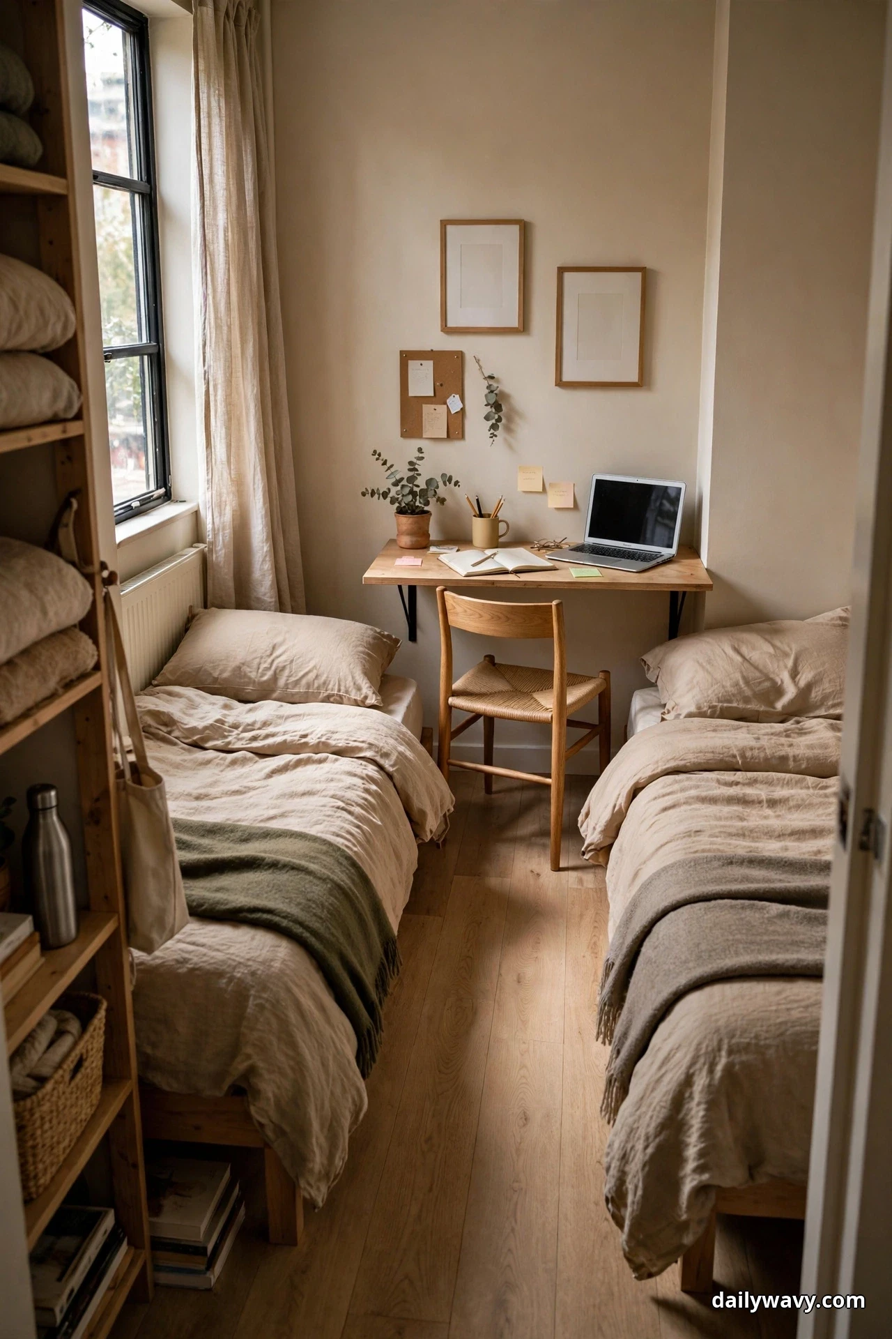 A compact wooden desk with a laptop and a chair tucked underneath stands between two single beds in a small shared bedroom, below two small framed prints