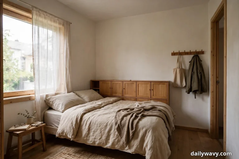 A small shared bedroom with a bed in cream linen bedding and a rumpled taupe throw stands in front of a long low light wood storage cabinet, with a wooden stool holding a book and glasses beside a sheer-curtained window at the left and a peg hook rail holding a tote bag and a jacket by the door at the right