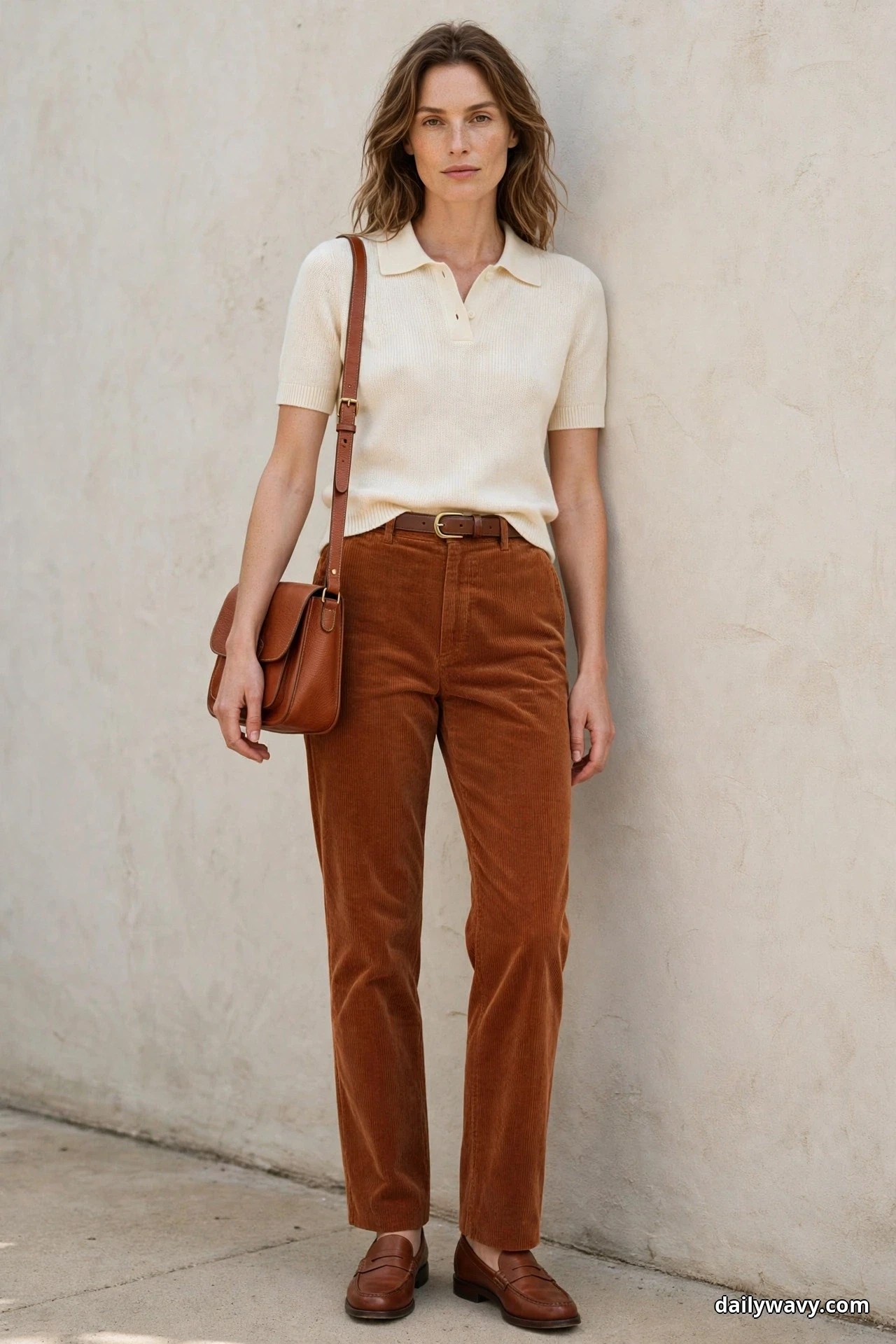 A woman wearing rust corduroy trousers, a cream knit polo and brown leather loafers stands full length against a textured wall with a cognac leather flap shoulder bag hanging from her shoulder toward her thigh