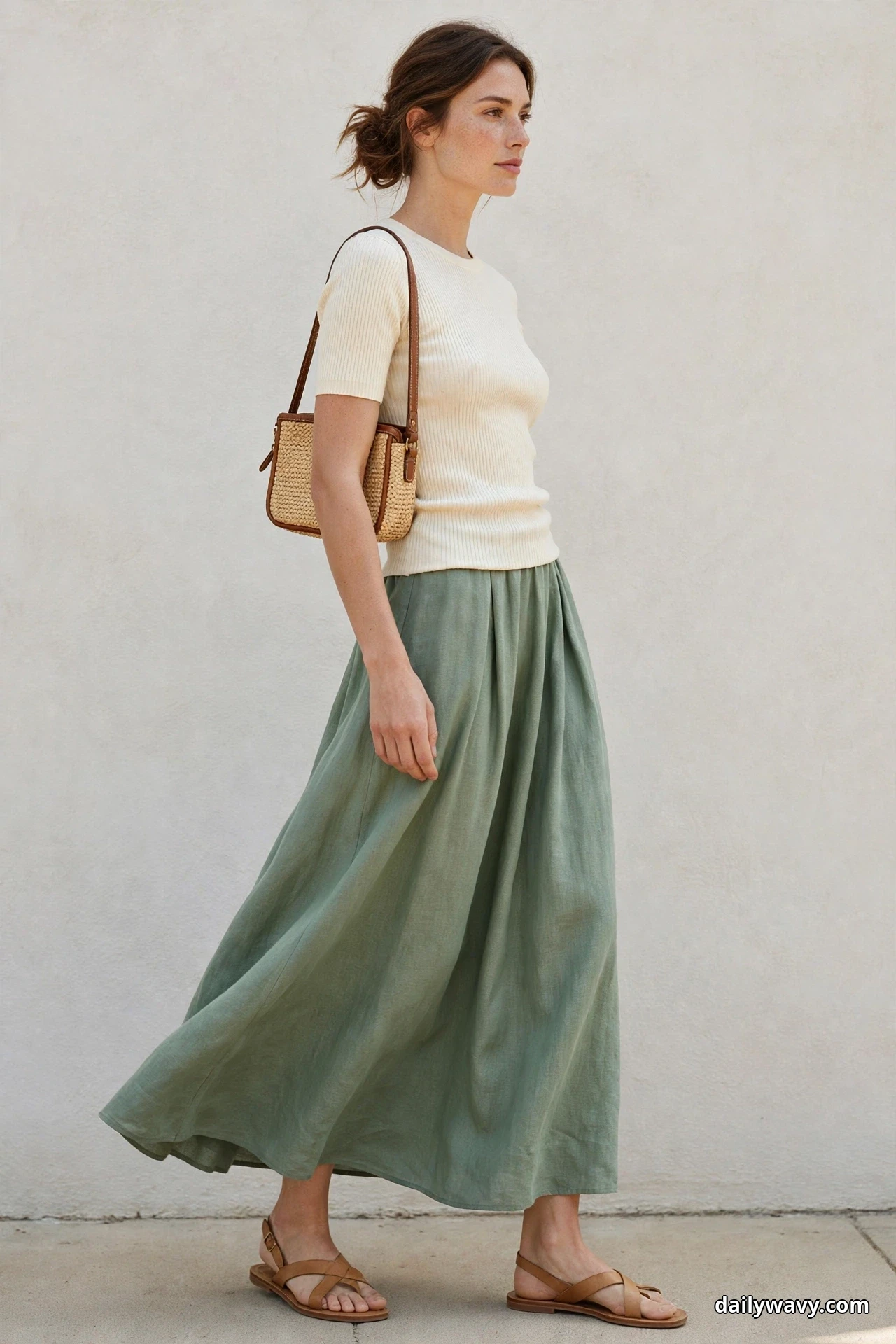 A woman wearing a sage green ankle-length maxi skirt, a fitted cream ribbed knit top and flat tan sandals turns in profile against a plain wall with a small woven raffia shoulder bag with leather trim worn high on her shoulder