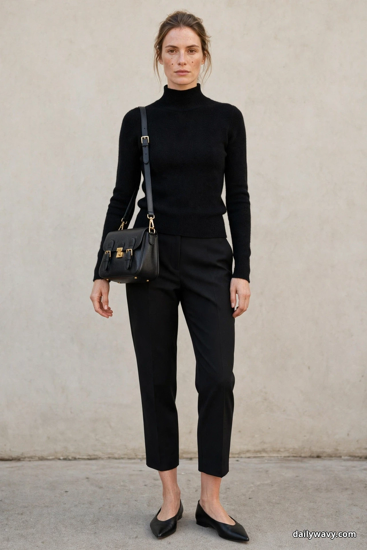 A woman wearing black cropped trousers, a black mock-neck knit and black pointed flats stands full length against a plain wall with a structured black leather shoulder bag with gold buckles on her shoulder at her hip