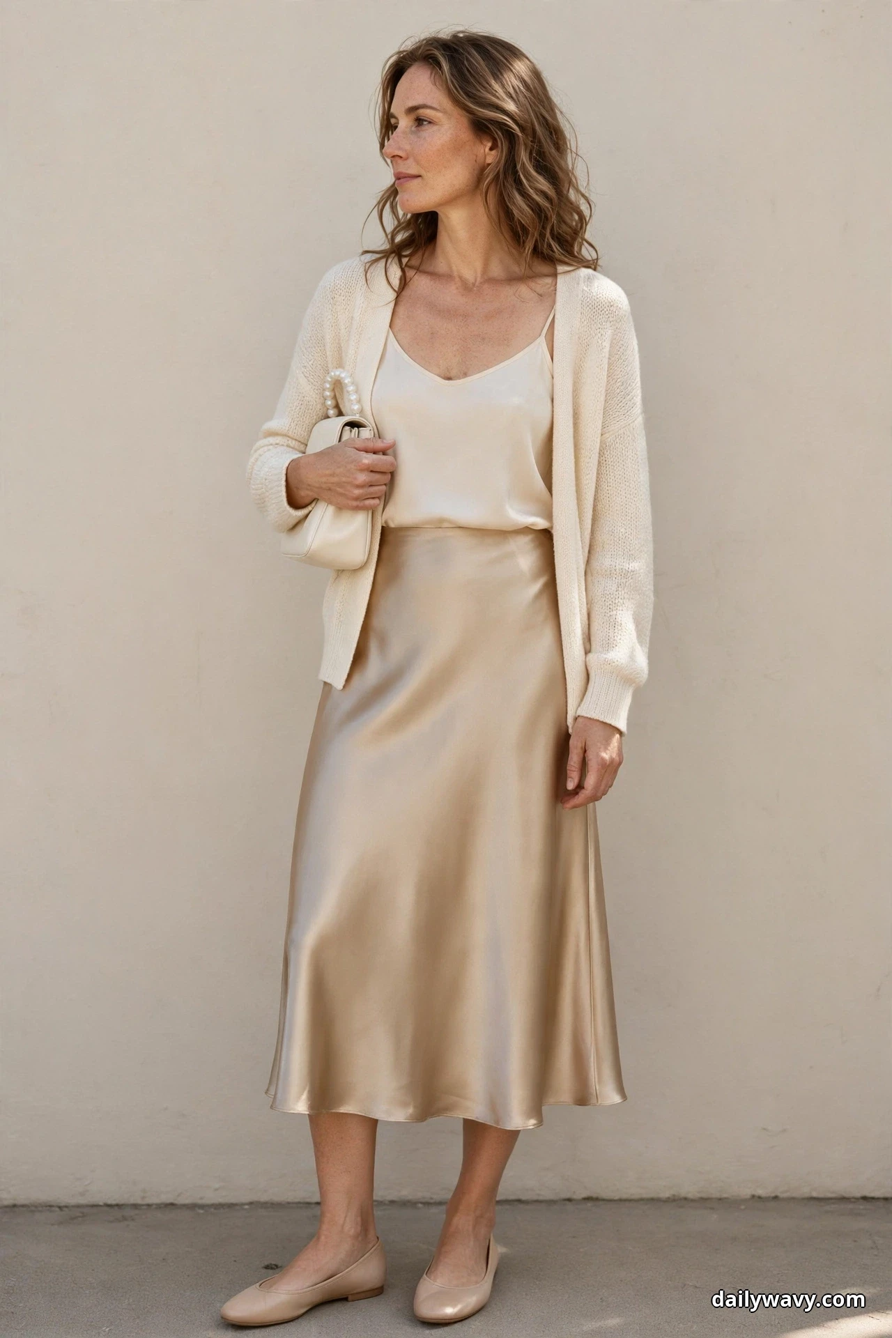 A woman wearing a champagne satin midi skirt, a matching cami and an open cream cardigan stands full length against a plain wall holding a small cream bag with a pearl-beaded top handle in her hand, with nude ballet flats
