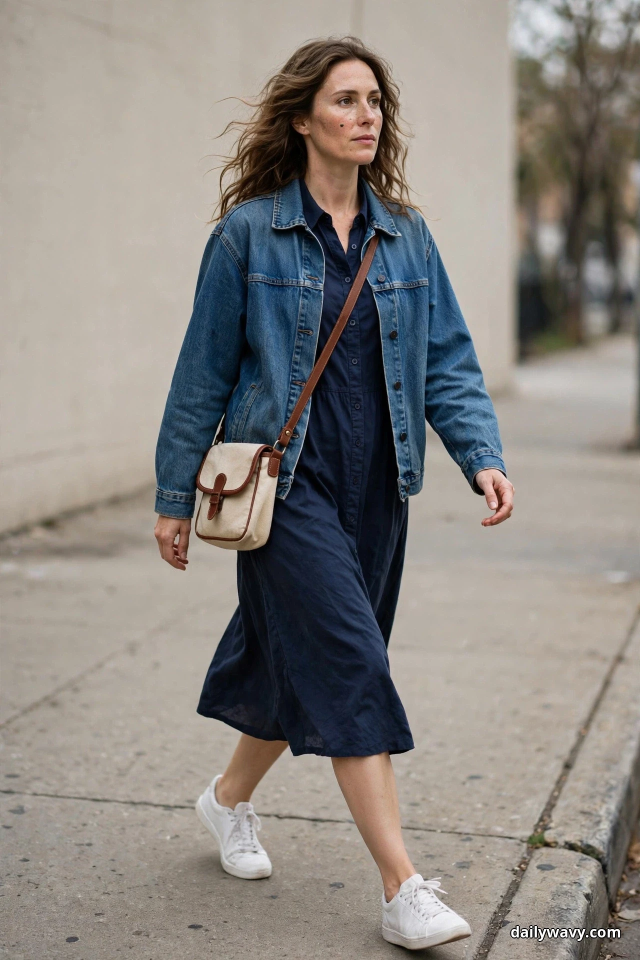 A woman wearing a navy midi shirt dress under an oversized denim jacket and white sneakers walks along a sidewalk with a small natural canvas shoulder bag with brown leather trim worn crossbody at her hip