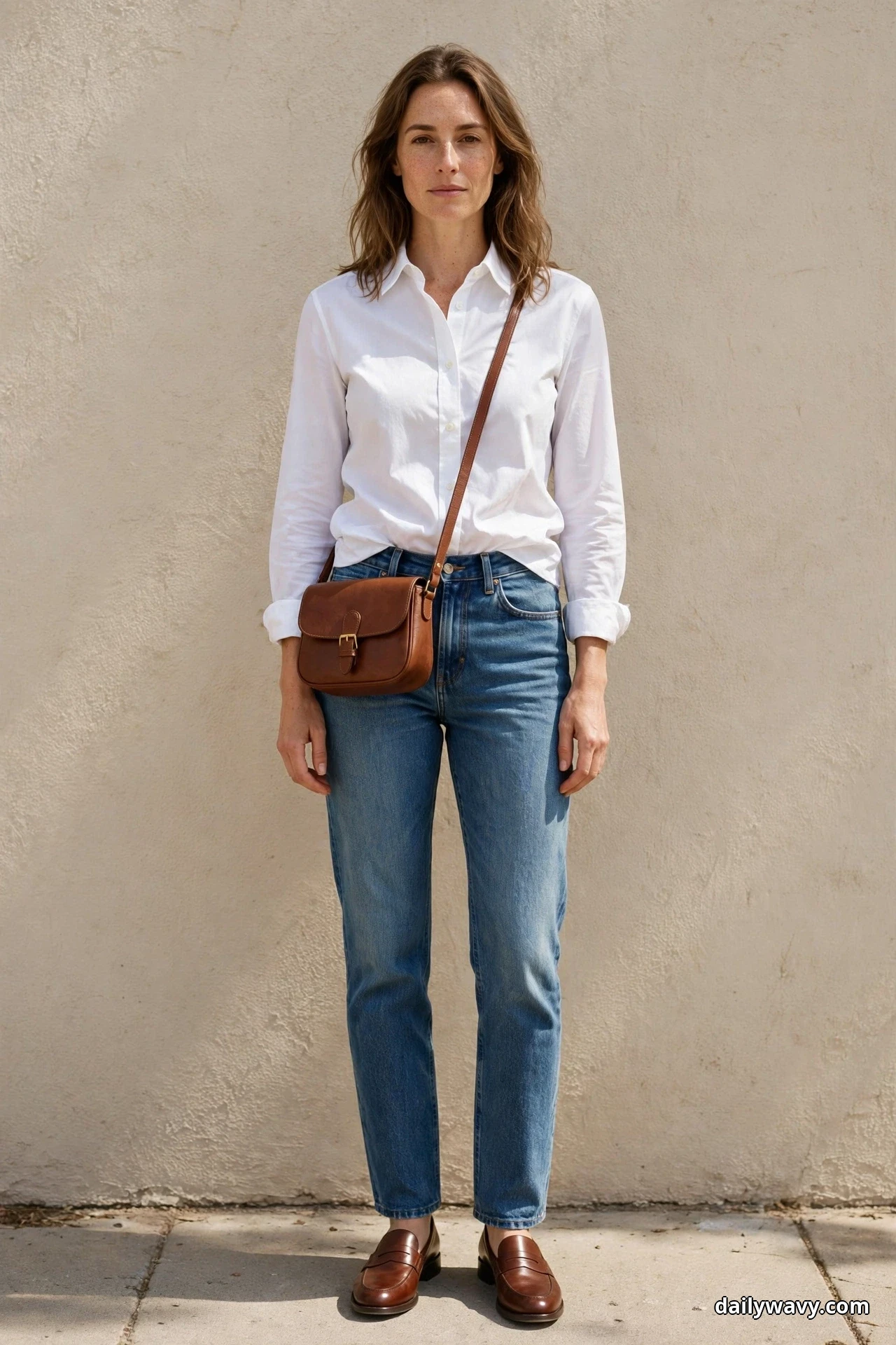 A woman wearing a white cotton button-down shirt tucked into medium-wash straight jeans and brown leather loafers stands full length against a textured wall with a small chestnut leather flap bag worn crossbody at her hip