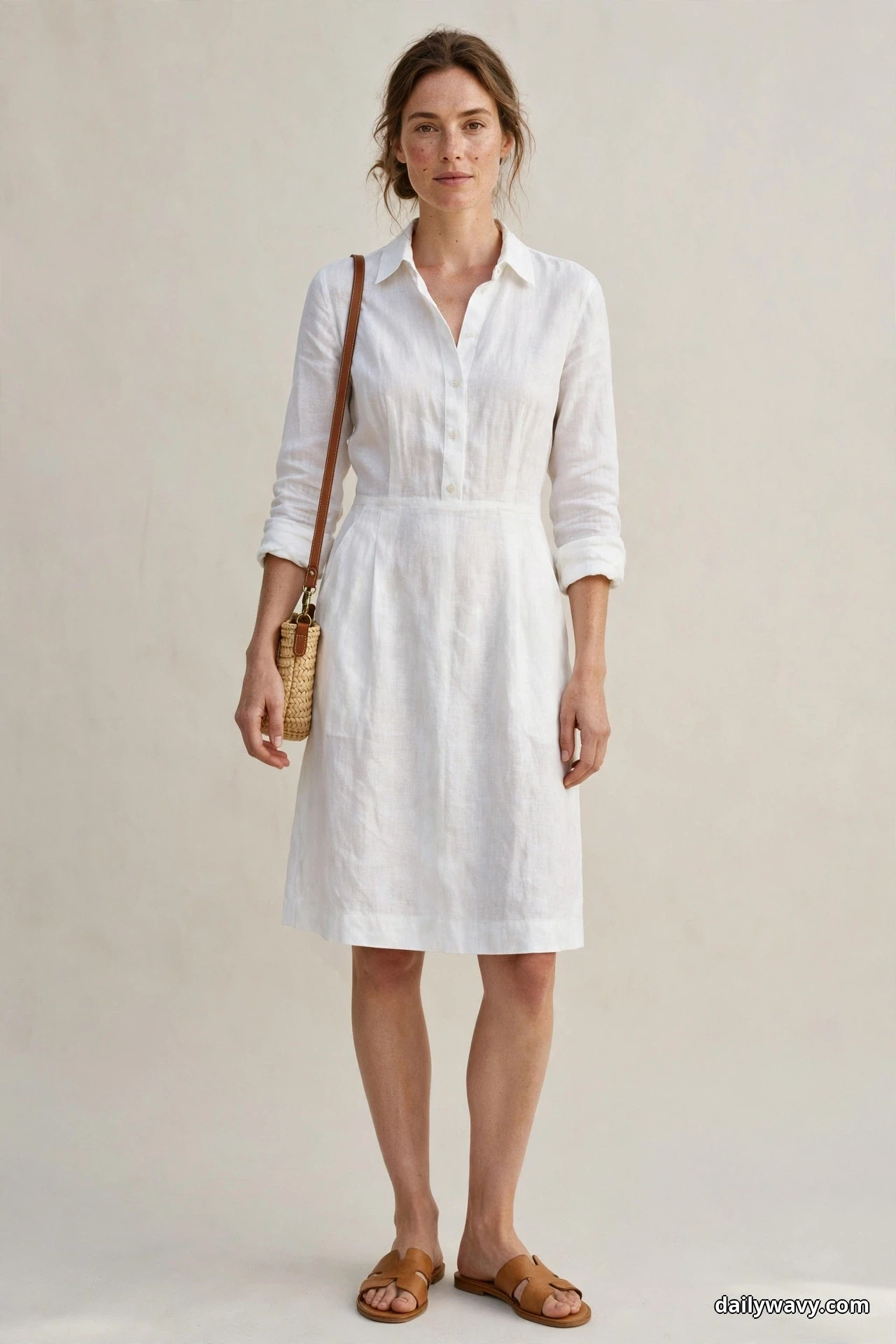 A woman wearing a white knee-length linen shirt dress and flat tan leather sandals stands full length against a plain wall with a small woven straw bag hanging low at her side on a long tan leather shoulder strap, mostly hidden behind her dress