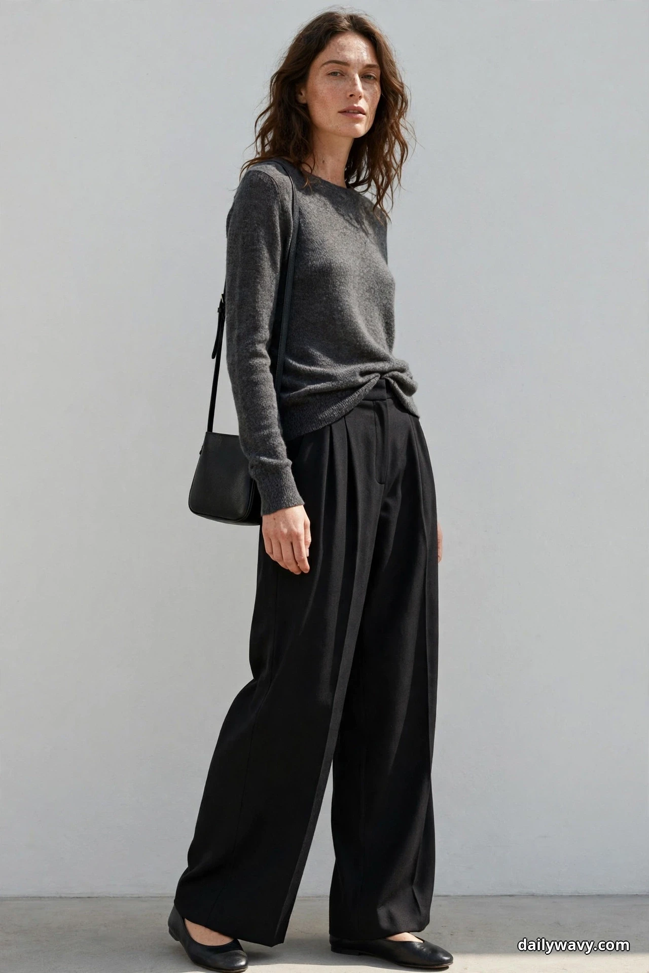A woman wearing black wide-leg trousers, a charcoal fine-knit sweater and black flats stands in a three-quarter pose against a pale wall with a small black leather shoulder bag on her shoulder at her hip behind her arm