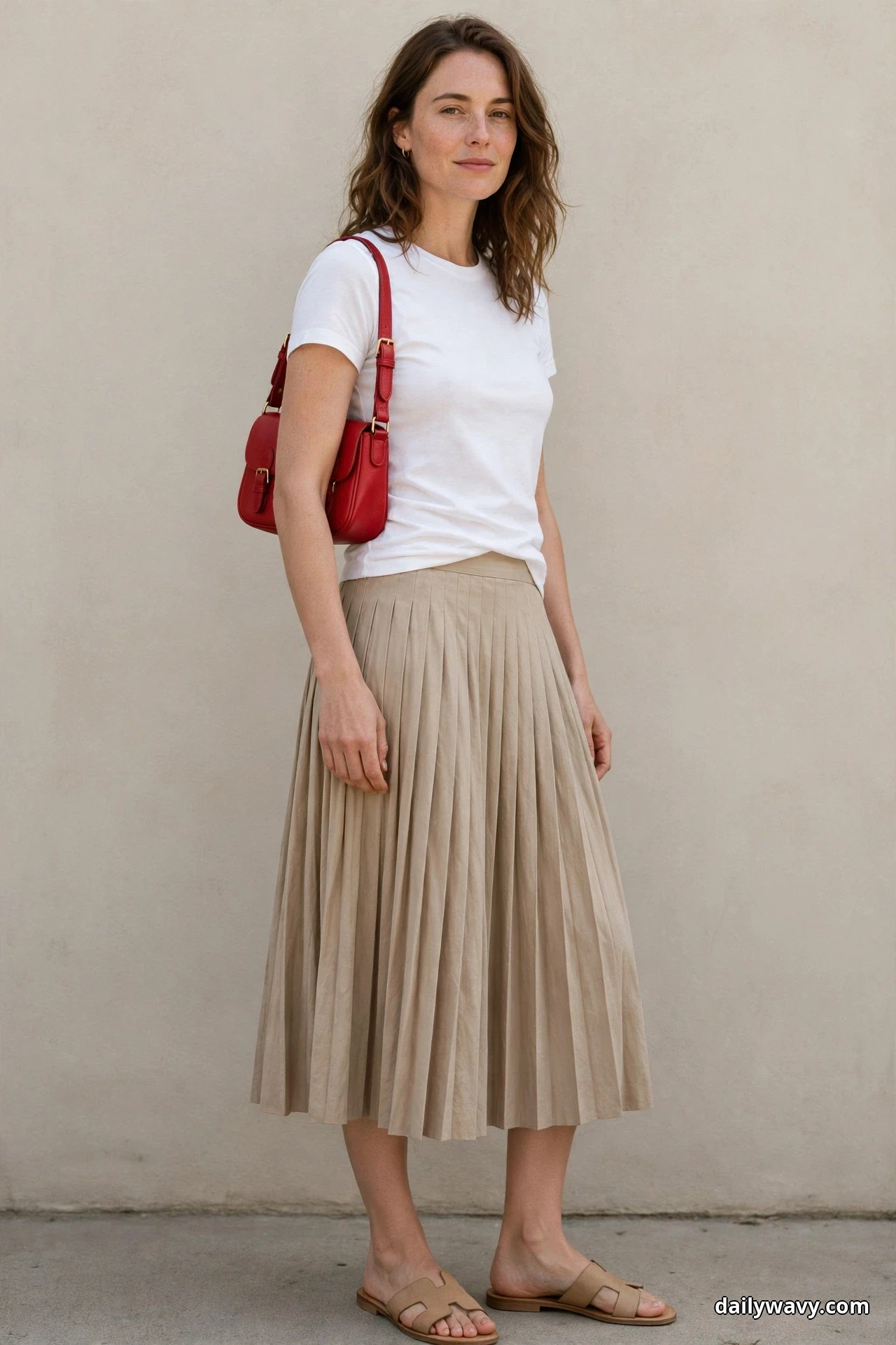 A woman wearing a beige pleated midi skirt, a plain white tee and flat tan sandals stands in a three-quarter pose against a plain wall with a small red leather shoulder bag worn high on her shoulder