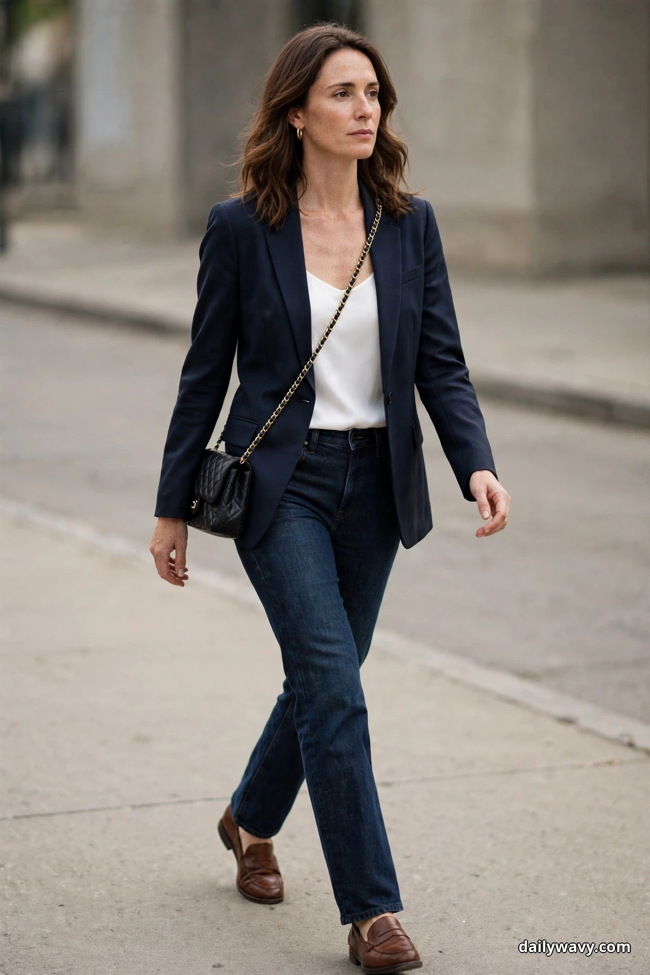 A woman wearing dark straight jeans, a white shell top and a navy tailored blazer walks along a street in brown loafers with a small black quilted bag on a gold chain strap worn crossbody at her hip
