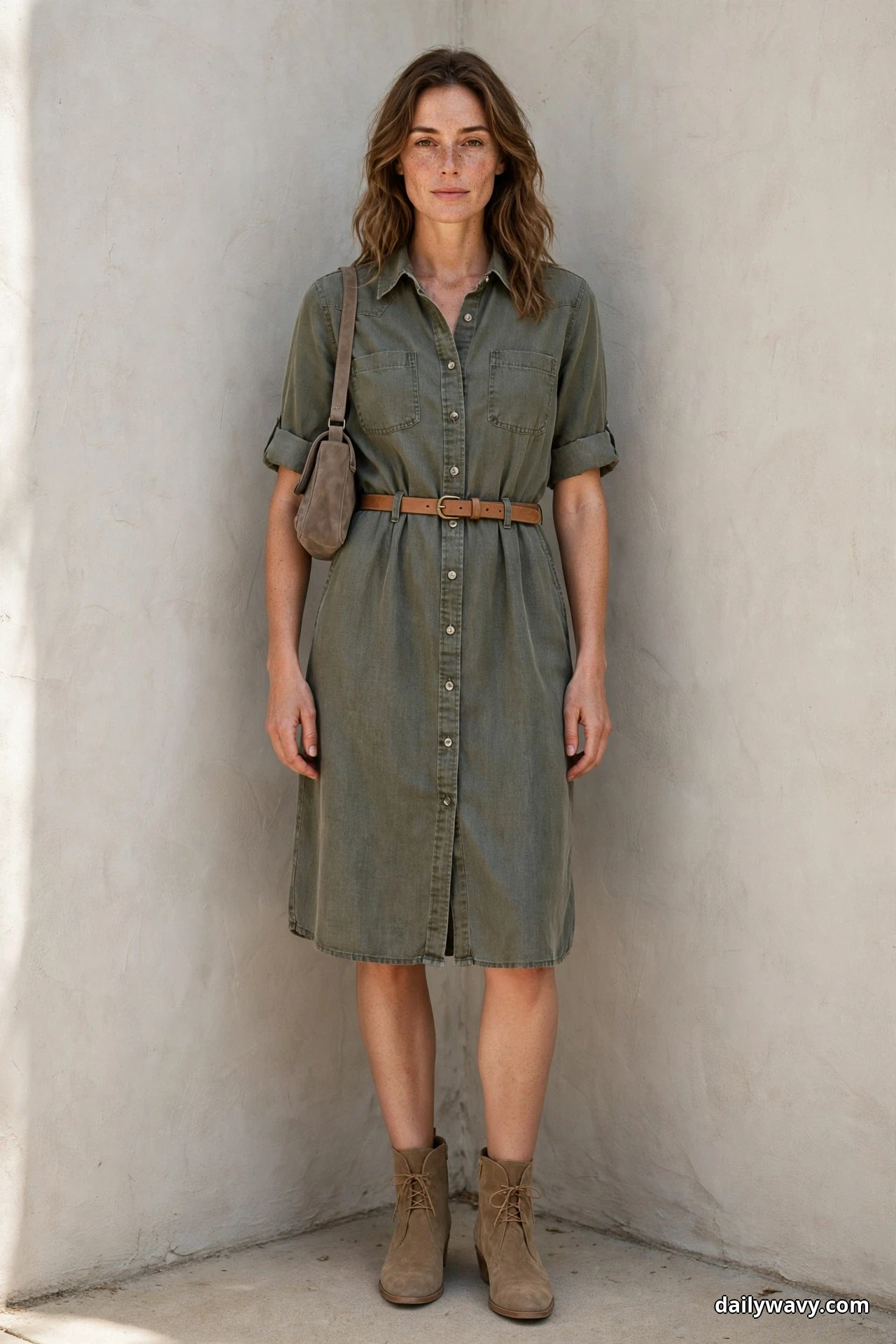 A woman wearing an olive belted shirt dress and taupe suede lace-up ankle boots stands full length against a textured wall with a small taupe suede shoulder bag worn high on her shoulder