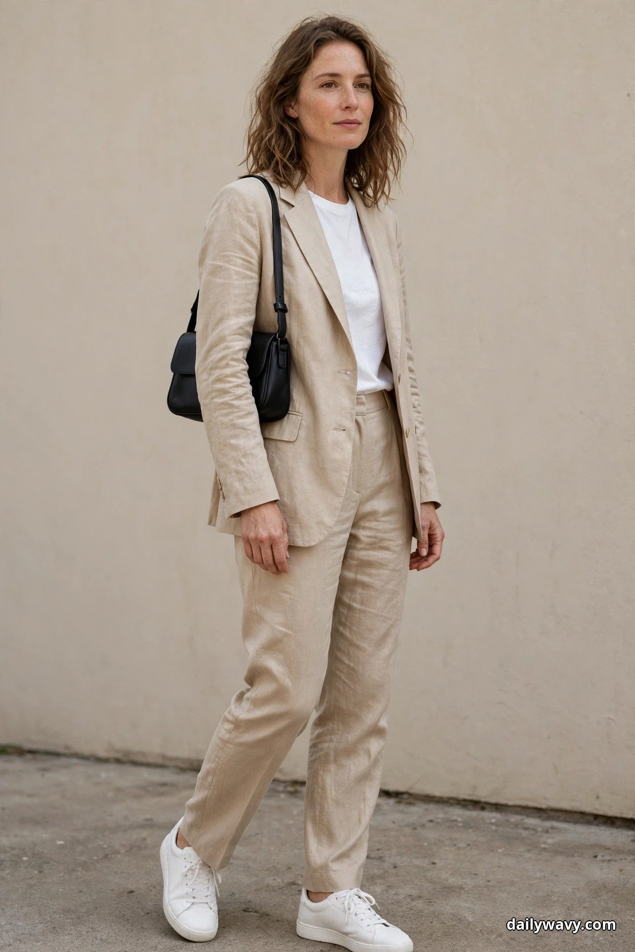 A woman wearing a beige relaxed suit over a white tee and white sneakers stands in a three-quarter pose against a plain wall with a small black structured leather shoulder bag on her shoulder beside her torso