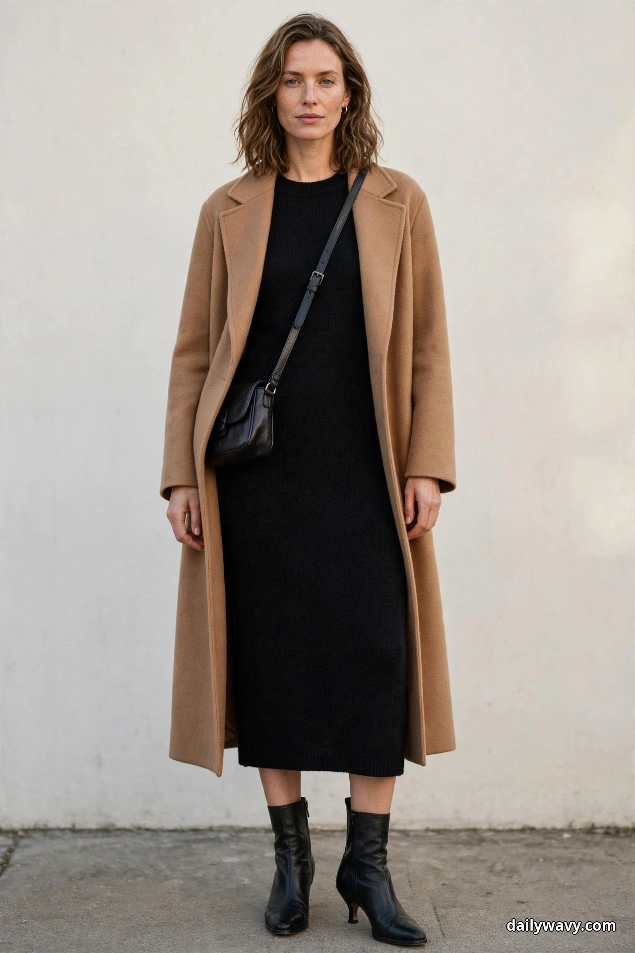 A woman wearing a black midi knit dress under a long camel coat and black heeled ankle boots stands full length against a plain wall with a small black leather bag worn crossbody at her hip