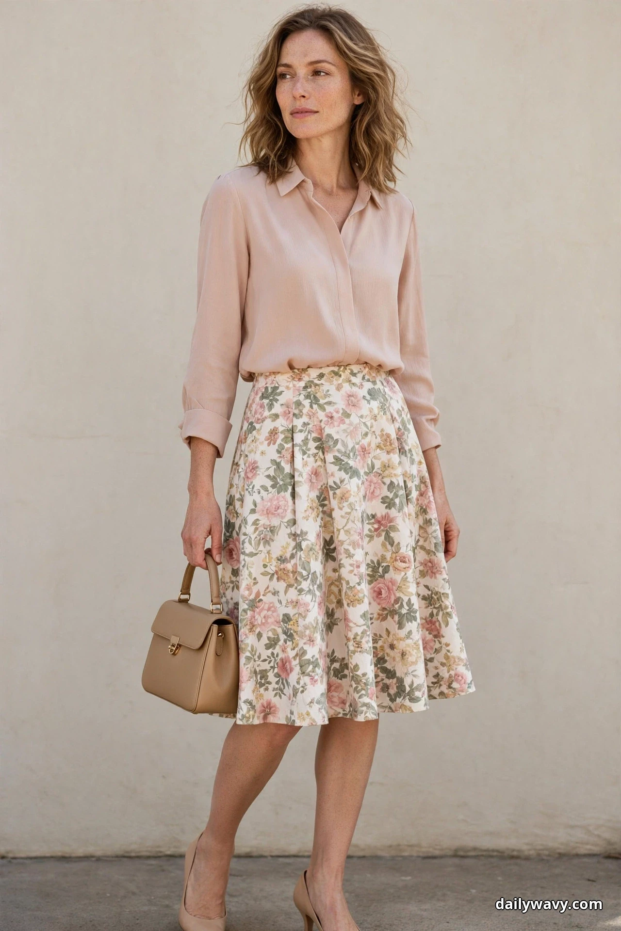A woman wearing a floral A-line skirt, a blush soft blouse and nude low heels stands in a three-quarter pose against a plain wall carrying a small tan structured top-handle bag by its handle in her hand