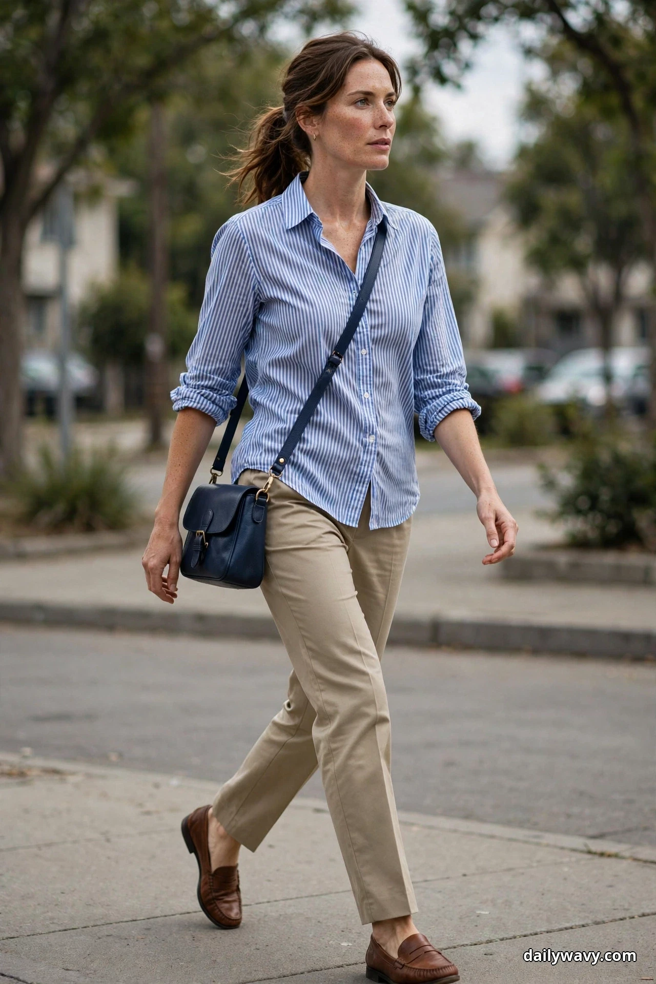 A woman wearing khaki tailored trousers, a blue-and-white striped button-down shirt and brown loafers walks along a sidewalk with a small navy leather bag worn crossbody at her hip