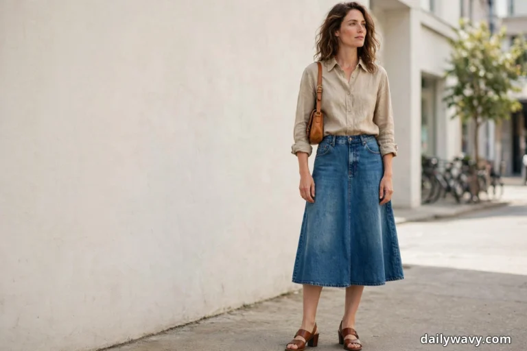 A woman wearing a stone linen shirt tucked into a long A-line denim skirt and brown block-heel sandals stands full length on a sidewalk beside a pale wall with a small tan leather shoulder bag on her shoulder at her hip