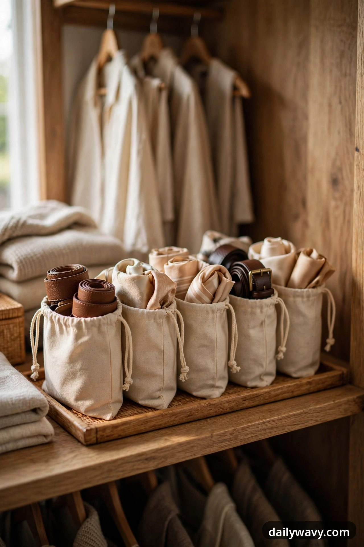 Five canvas drawstring pouches stand in a row on a wooden tray inside a wardrobe, holding rolled leather belts and folded scarves with shirts hanging behind them.