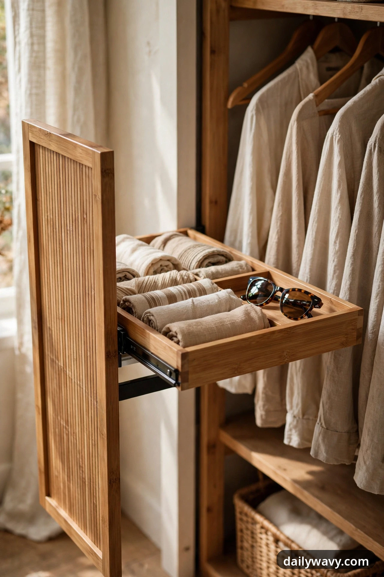 A slim wooden pull-out tray beside hanging linen shirts holds rolled garments in divided compartments with a pair of tortoiseshell sunglasses resting on top.