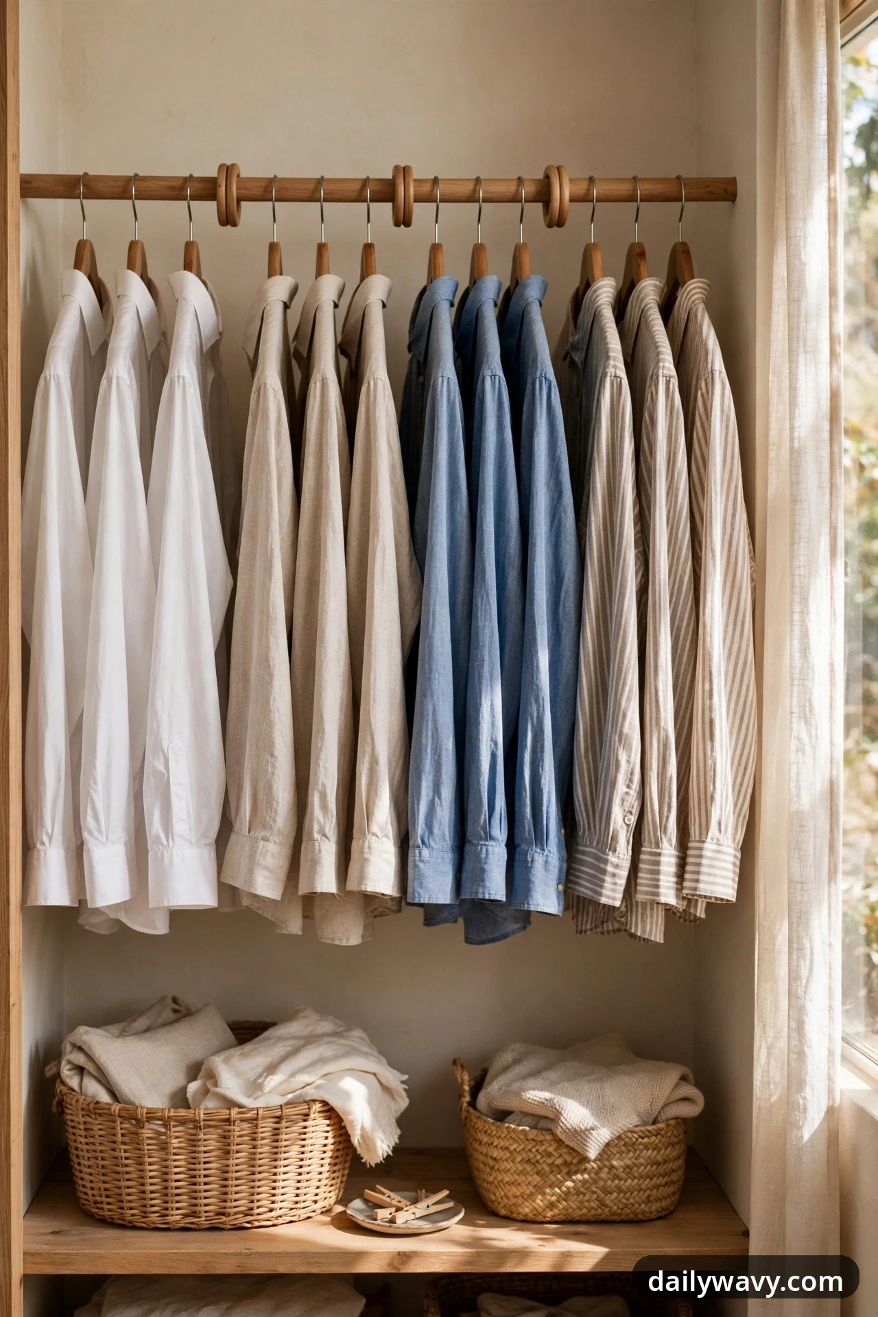 Shirts hang in color-grouped rows of white, beige, blue and striped on a wooden rod with round wooden divider rings marking the group boundaries, above two wicker baskets on the shelf below.