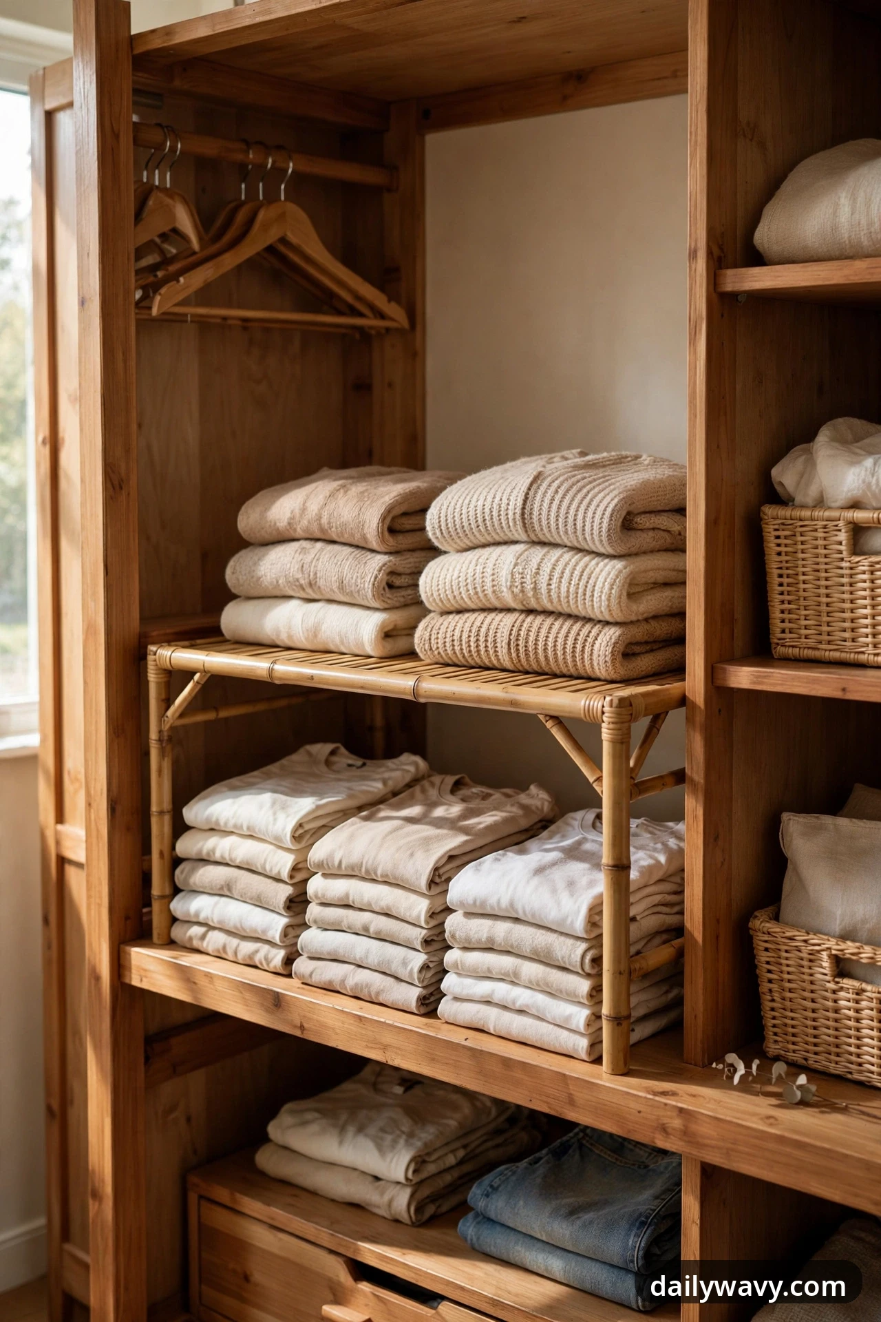 A bamboo shelf riser inside a wooden wardrobe holds folded knitted sweaters on its top level and stacks of folded T-shirts on the shelf beneath it.