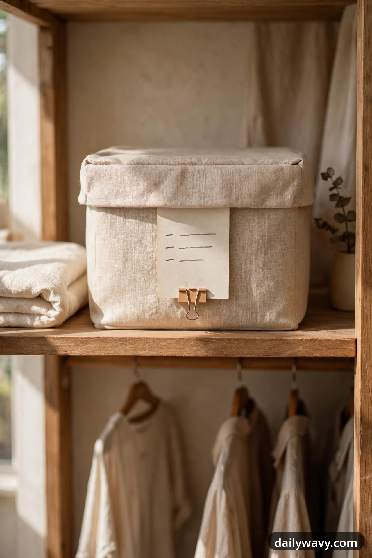 A lidded linen storage bin sits on a wardrobe shelf with a handwritten inventory card clipped to its front, above shirts hanging from the rod below.
