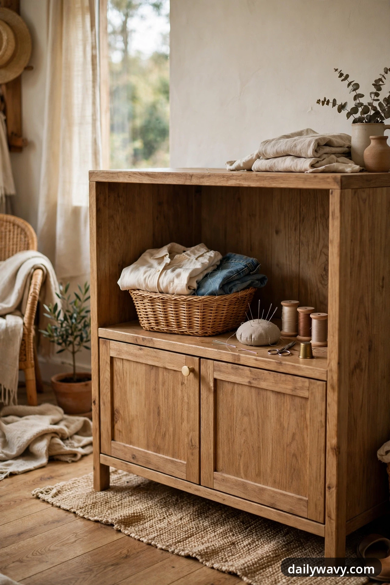 A wicker basket holding a folded shirt and folded jeans sits on a wooden cabinet shelf beside a pincushion, thread spools, scissors and a thimble.